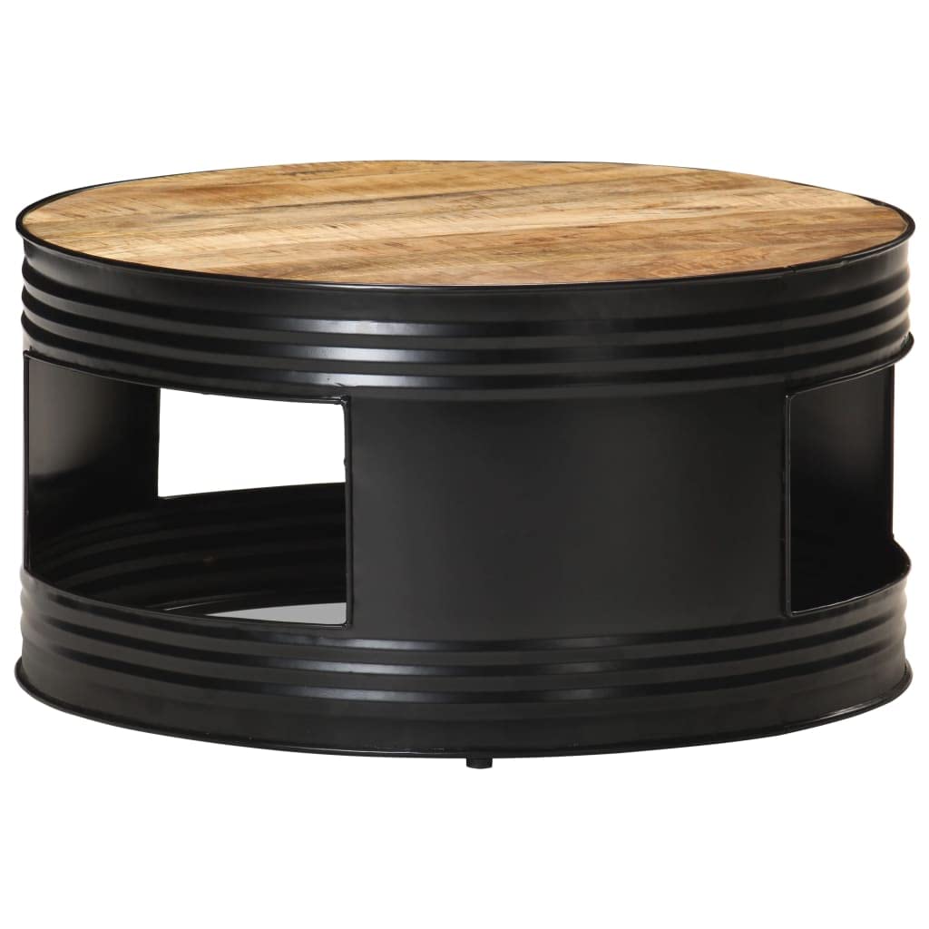 26.8 Inch Round Coffee Table - Solid Mango Wood Cocktail Table for Living Room, Patio, Balcony & Garden - Rustic Black Finish (26.8