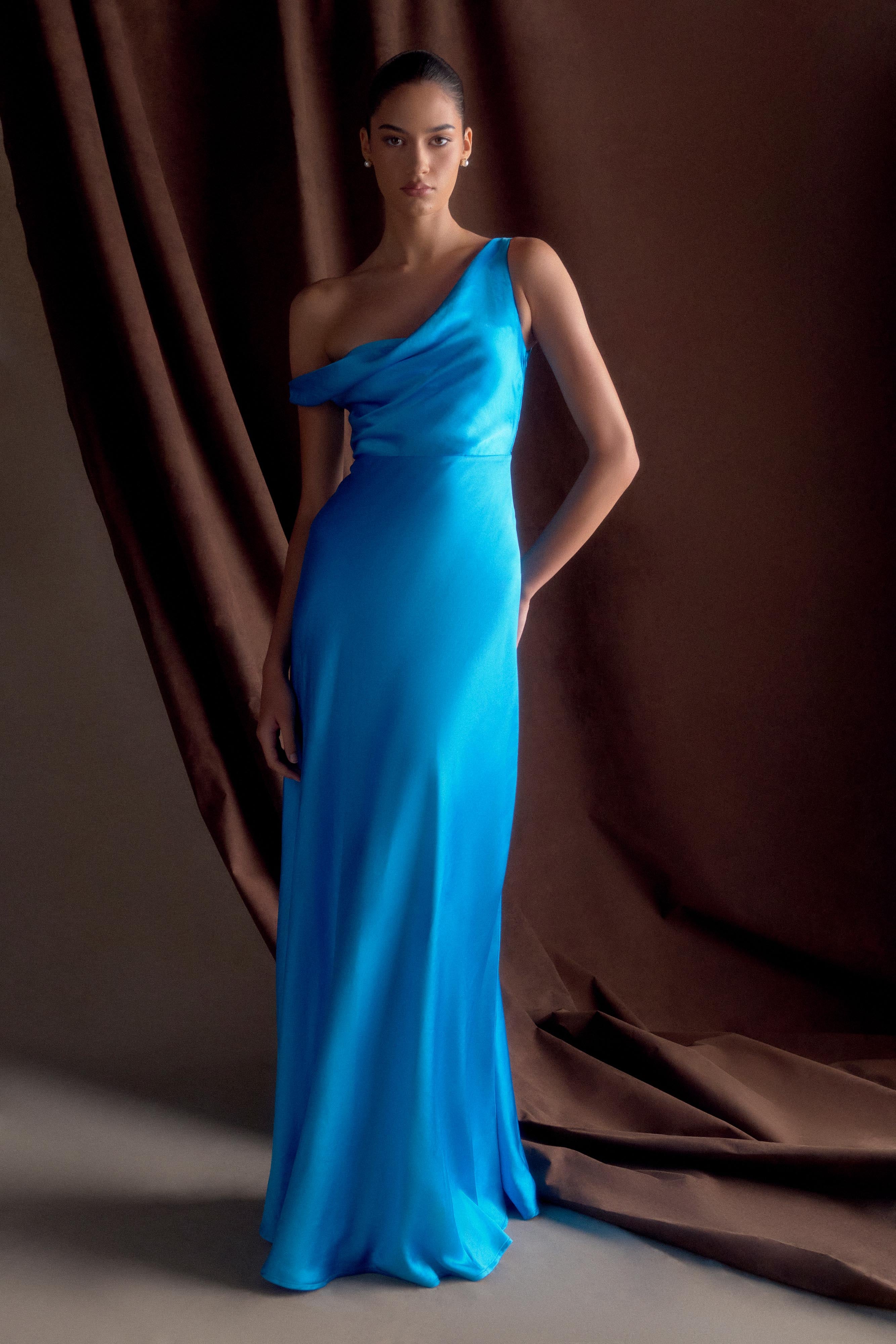 Jacinta One Shoulder Maxi Dress in Cyan Blue - Elegant Summer Beach Wedding Party Gown for Women