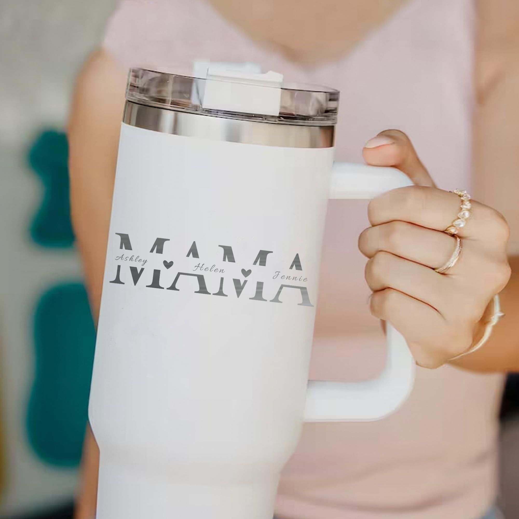 Personalized Laser Engraved 40 oz Large Tumbler with Handle, Straw & Lid - Custom Mom & Mama Travel Coffee Mug - Double Wall Vacuum Insulated Cup - Perfect Mother's Day Gift, Birthday Present & Everyday Use for Coffee, Tea & Cold Drinks at Home, Office or Travel
