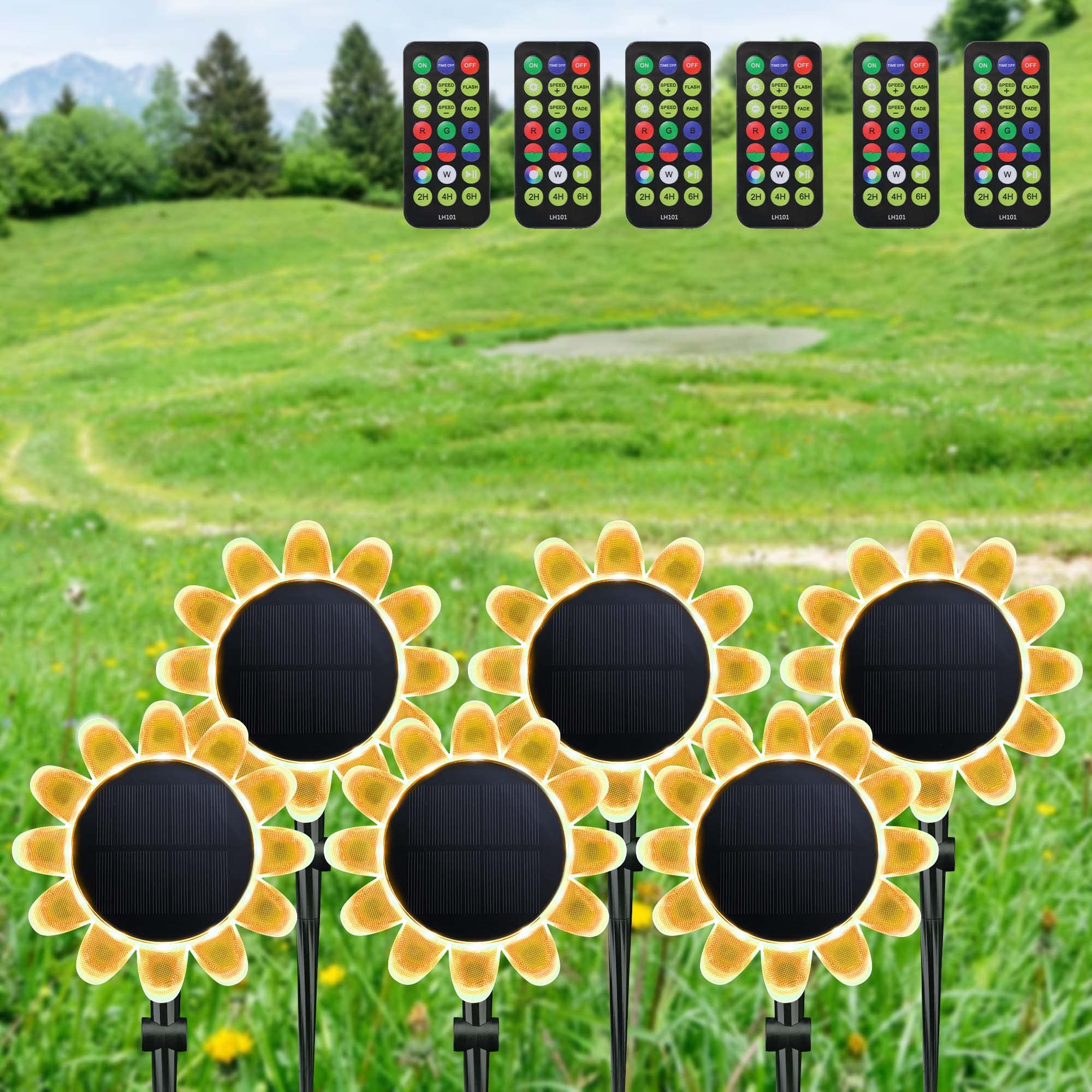 Yescom 6Pcs Solar Powered Sunflower Garden Lights - IP68 Waterproof, 16 Color Changing LED, Remote Control - Outdoor Pathway, Patio, Yard Decor for Landscape, Wedding & Party Lighting