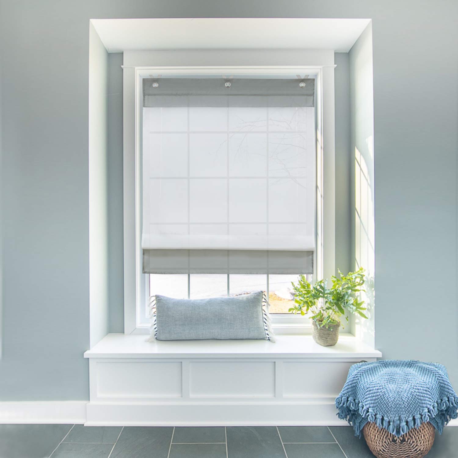 Voile Window Curtain V-Hook Roman Shades - Light Filtering Sheer Drapes for Kitchen, Bedroom & Bathroom - 1 Panel (Grey, 23x61 inches) - Perfect for Privacy & Natural Light Control