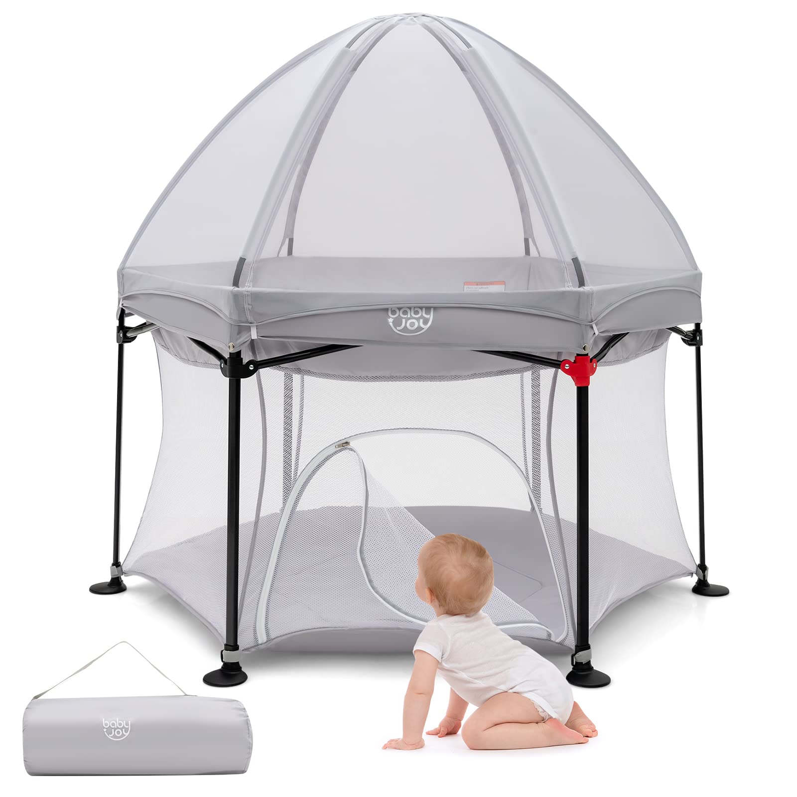 BABY JOY 53'' Portable Baby Playpen – Large Foldable Play Yard for Infants & Toddlers with UV Canopy, Padded Mat & Carry Bag | Indoor Outdoor Use for Home, Beach, Park & Backyard (Grey)
