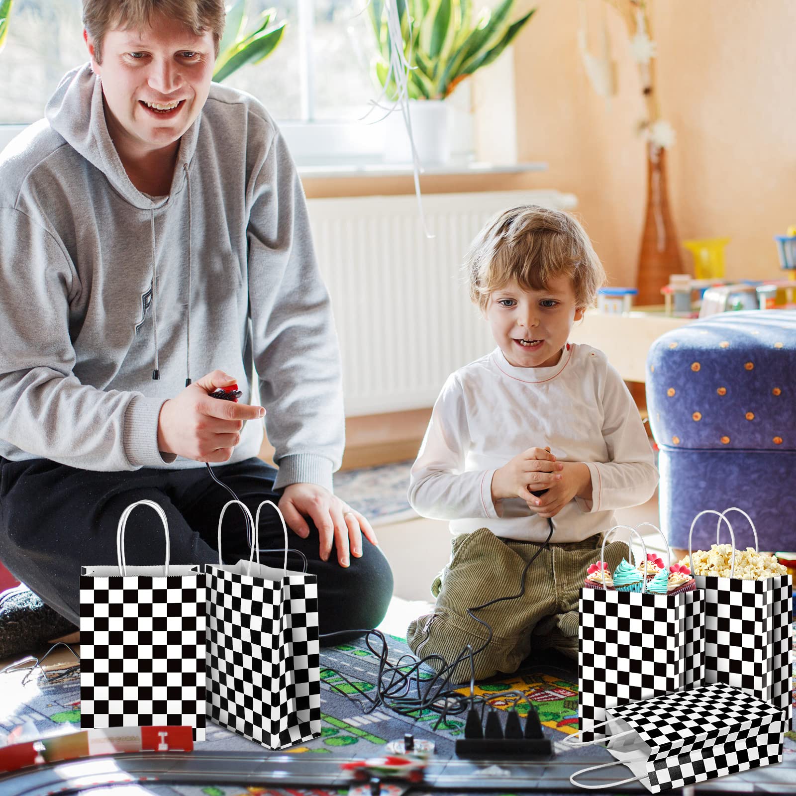 Epakh 16 Pcs Checkered Racing Treat Bags - Black & White Race Car Party Favors with Handles - Themed Birthday Party Supplies - Perfect for Race Car Birthday Parties, Candy Goodie Bags, and Checkered Flag Decorations