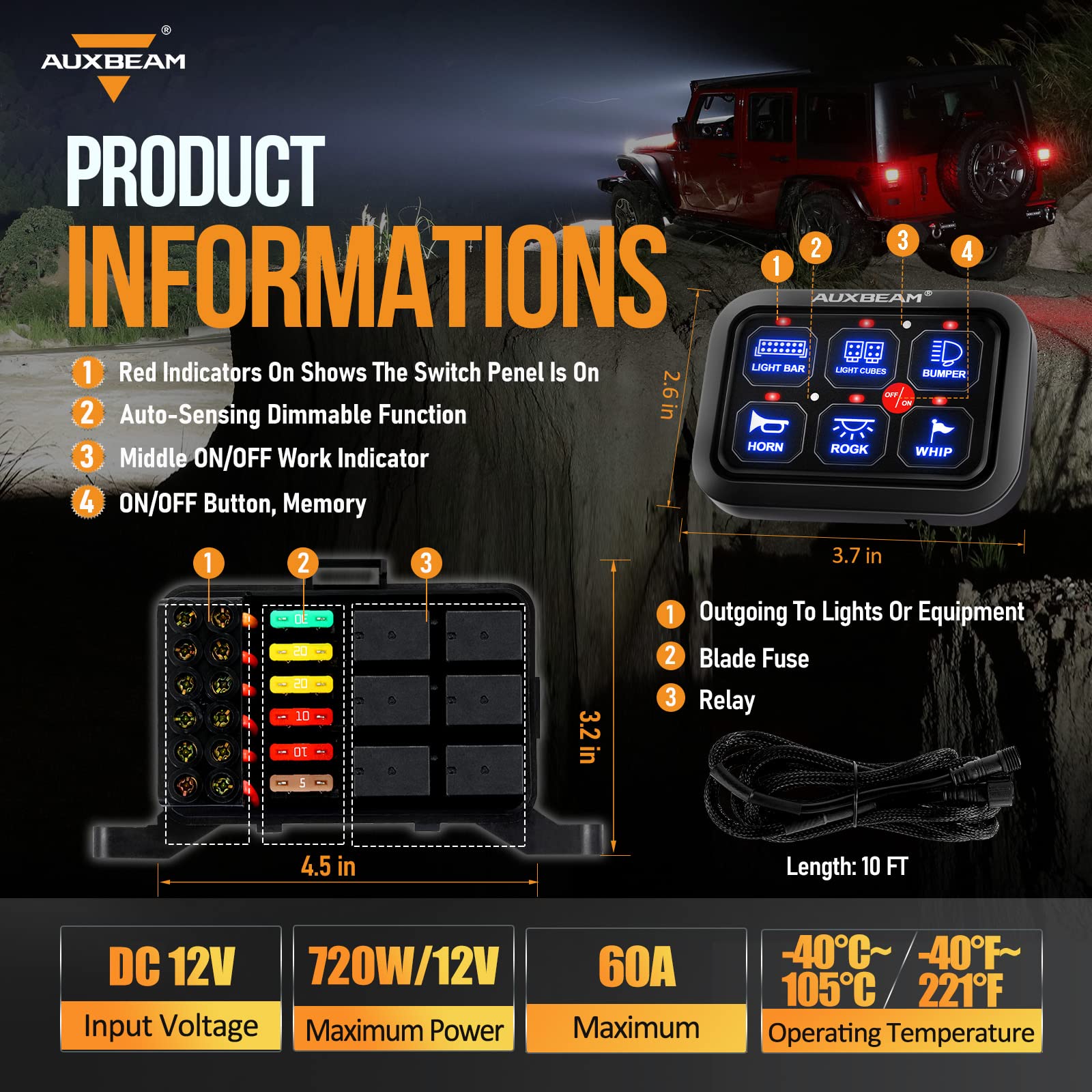 Auxbeam BC60 6 Gang Universal Switch Panel - Touch Control Relay System with Auto Dimmable LED for Cars, Trucks, Pickups, Boats & UTVs | Waterproof Circuit Control Box | Perfect for Off-Roading, Marine & RV Use (Blue, 2-Year Warranty)