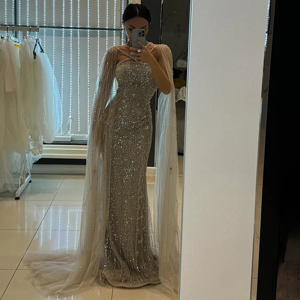 Elegant Beaded Mermaid Evening Gown with Cape Sleeves for Women - Luxury Dubai Wedding Party Dress 2025 | Perfect for Red Carpet Events, Galas & Formal Occasions - Serene Hill Caramel LA71905B