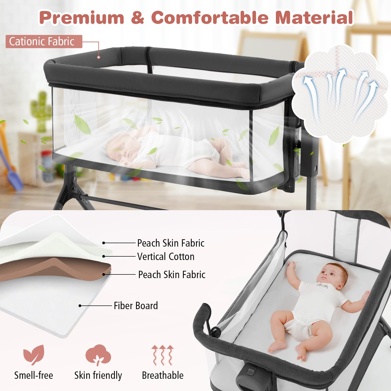 BABY JOY 3-in-1 Rocking Bassinet with Storage Basket - Adjustable Height Baby Bedside Sleeper with Universal Wheels, Mattress, Mesh Net & Portable Carry Bag - Perfect for Nursery, Bedroom & Travel (Gray)