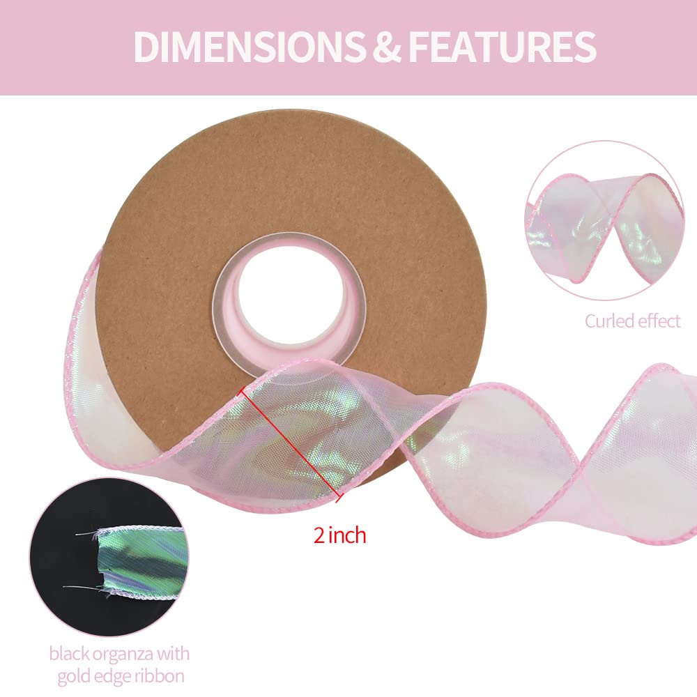 TONIFUL 1.5 Inch Wide Pink Laser Wired Chiffon Ribbon - Shimmery Sheer Organza Craft Ribbon for Wedding Bouquets, Gift Wrapping, Bow Making, Wreaths & Party Decorations - Perfect for Valentine's Day, Floral Arrangements & DIY Crafts (10 Yards)