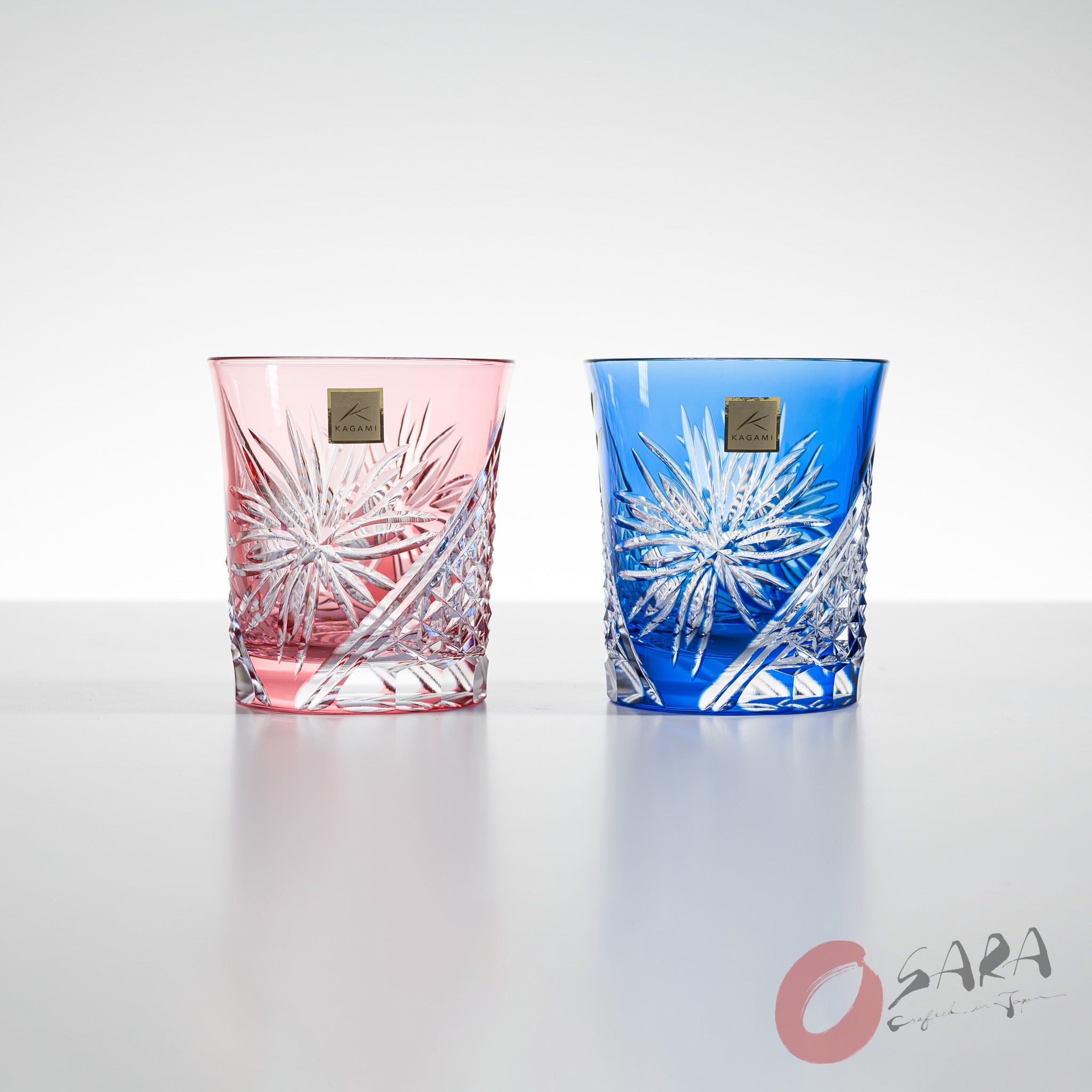 KAGAMI Handcrafted Edo Kiriko Crystal Sake Glasses Set of 2 - Traditional Japanese Cut Glass with Chrysanthemum Pattern - Perfect for Sake Tasting, Japanese Dining & Luxury Gift Giving