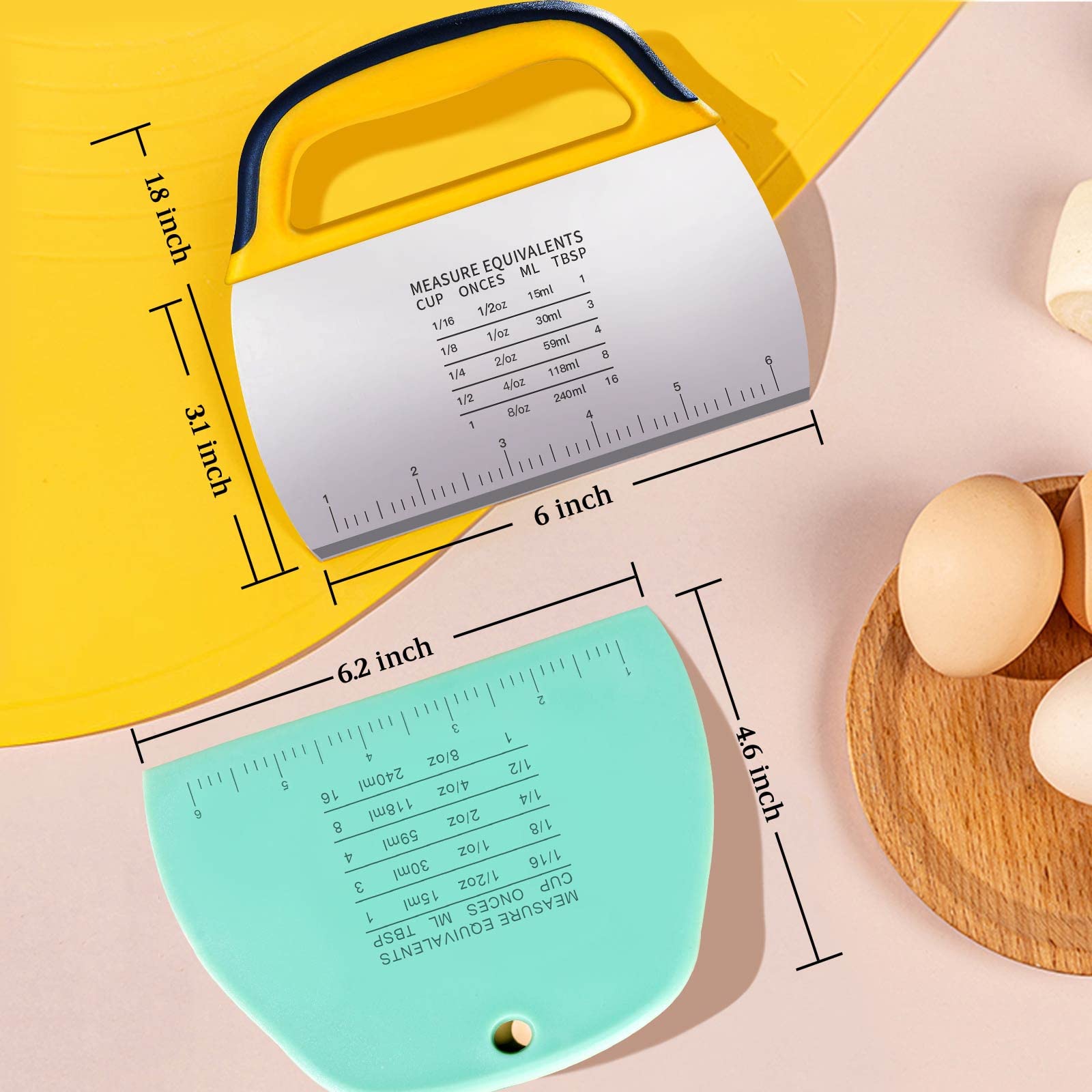 Stainless Steel Dough Scraper 2-Pack with Ergonomic Grip - Plastic Dough Cutter with Measuring Scale - Multi-Purpose Baking Tool for Pizza, Pastry, Bread & Cake - Perfect for Home Bakers & Professional Kitchens