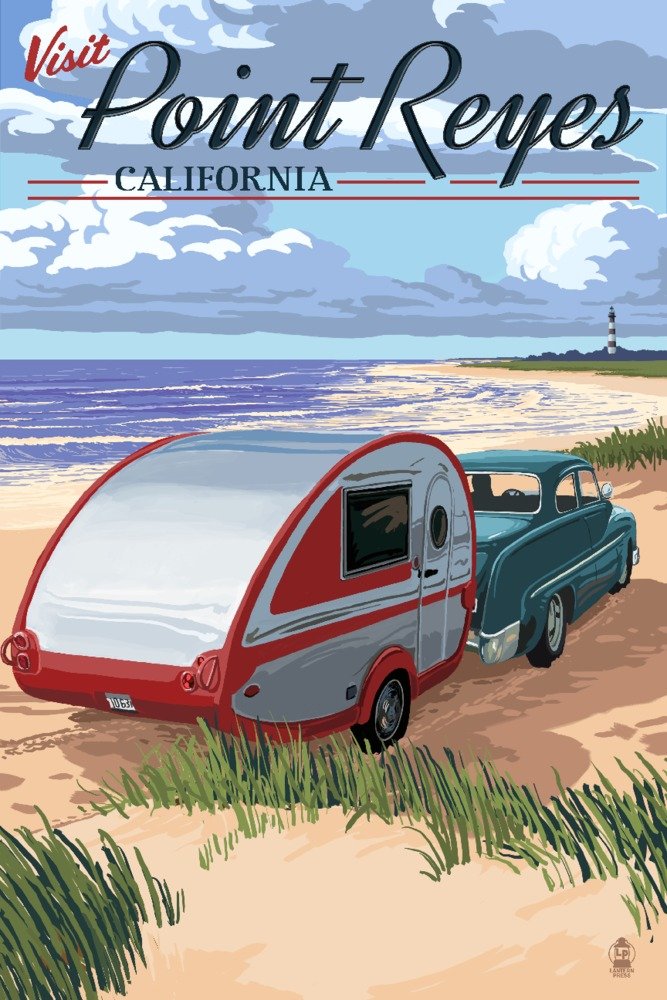 Point Reyes California Retro Camper on Beach - 12x18 Wall Art Poster for Coastal Decor, Vintage Aesthetic Room Decor, Perfect for Living Room, Bedroom or Office