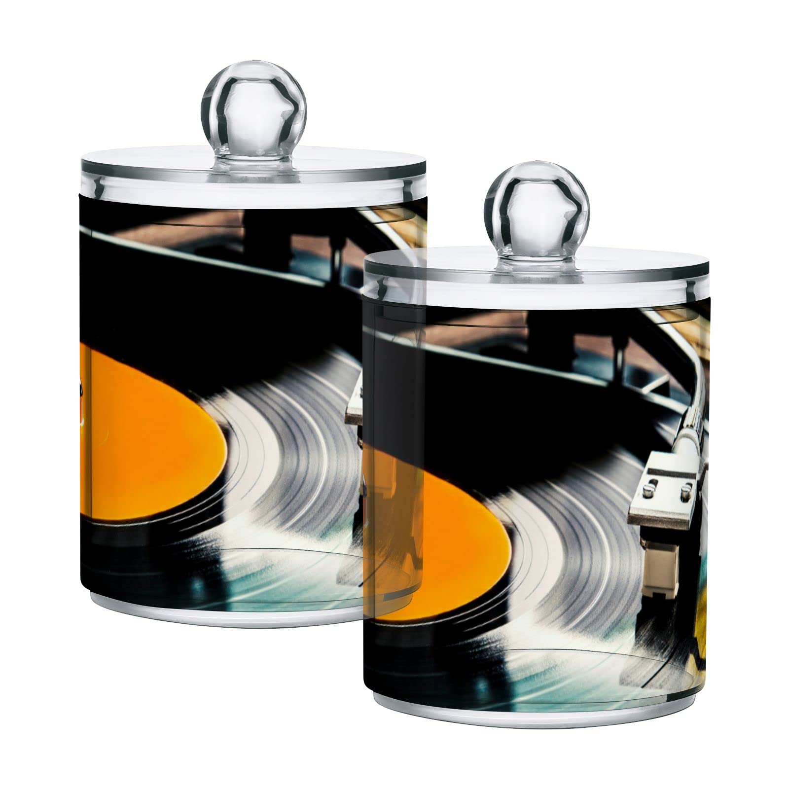 Vintage Retro Vinyl Record Player - 2-Pack Plastic Storage Jars with Airtight Lids (10 oz) - Translucent Food Containers for Tea, Cookies, Cotton Swabs | Perfect for Kitchen Pantry Organization, Craft Supplies & Vintage Home Decor