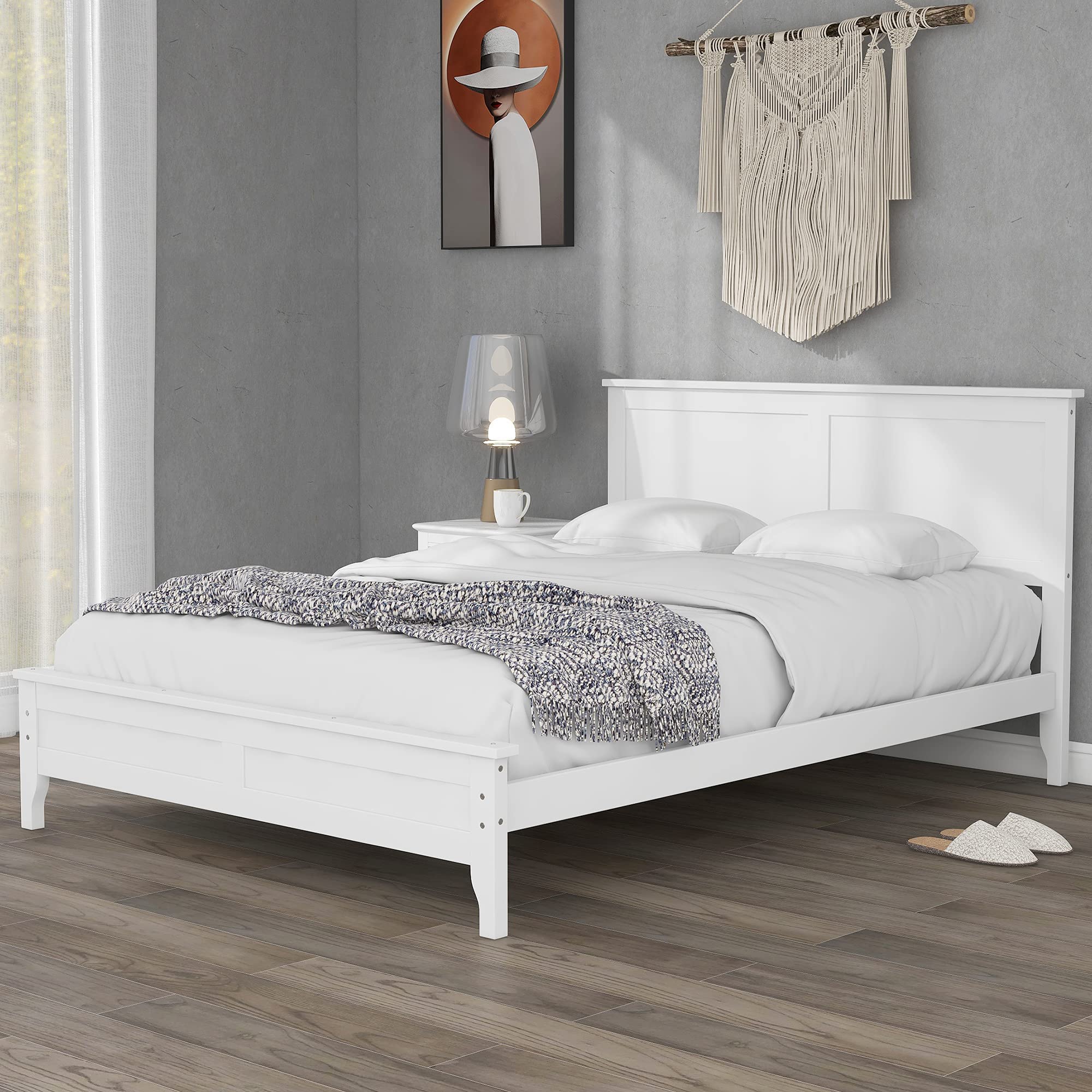 Tmosi Modern Solid Wood Full Platform Bed Frame with Wooden Slats - No Box Spring Needed, Easy Assembly, White (Full Size) - Perfect for Kids & Adults Bedrooms, Guest Rooms, and Dormitories