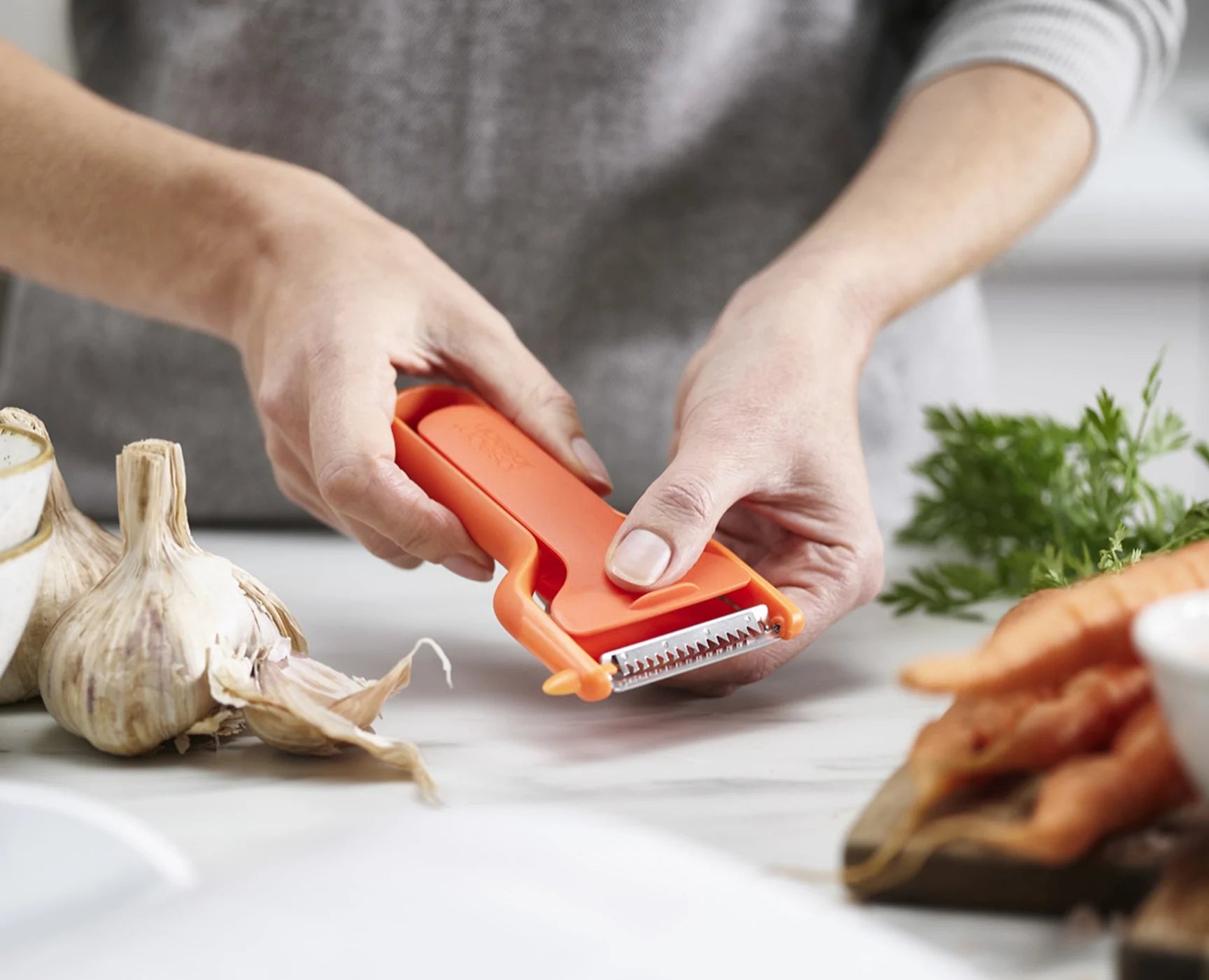 Premium Julienne Peeler with Safety Blade Guard - Stainless Steel Vegetable Slicer for Zucchini, Carrots & Salads - Perfect for Meal Prep & Healthy Cooking (Orange)