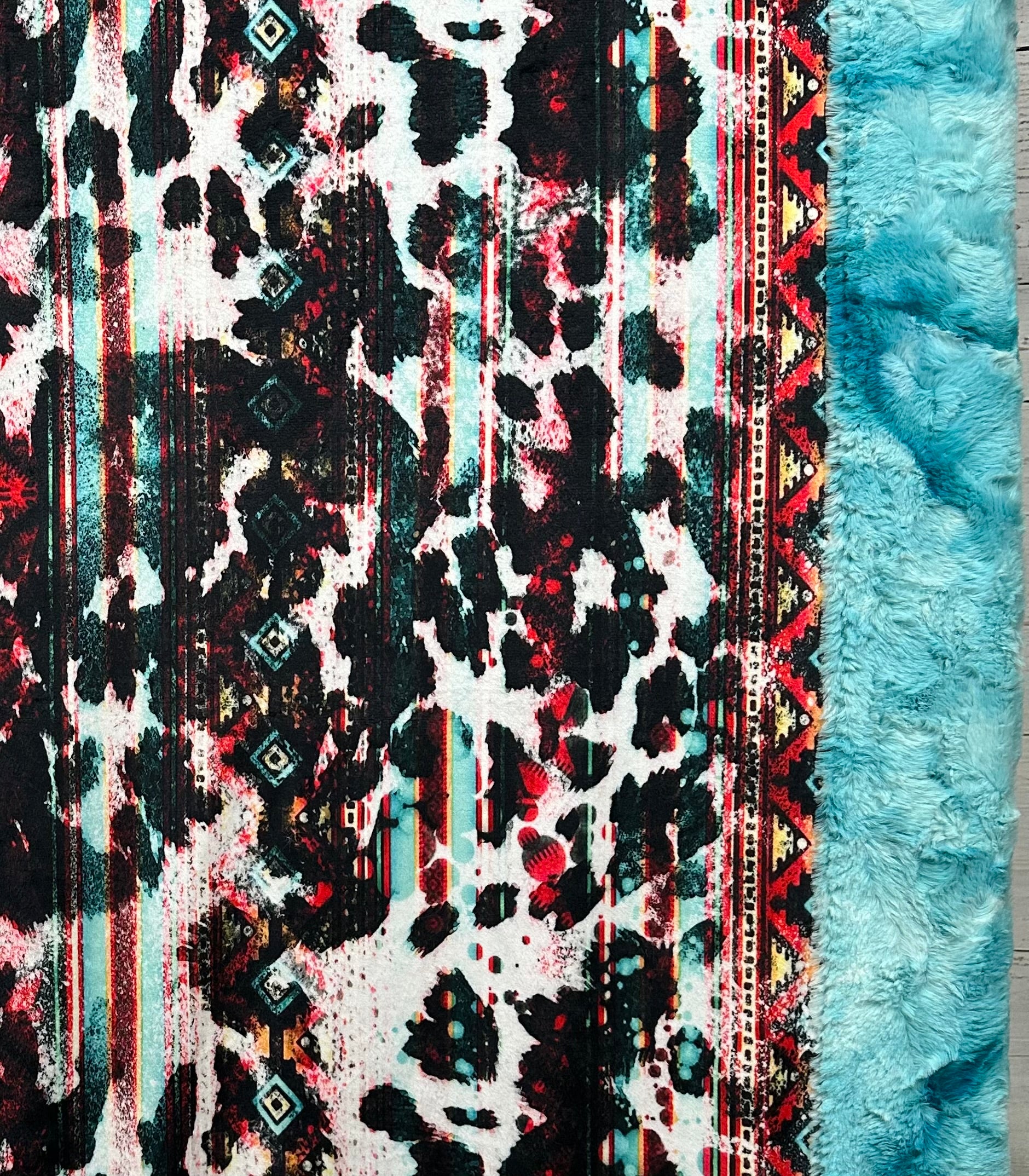 Aztec Cowhide Western Aqua Luxe Large 54x79 Minky Blanket - Soft Southwestern Throw for Couch, Bed & Home Decor
