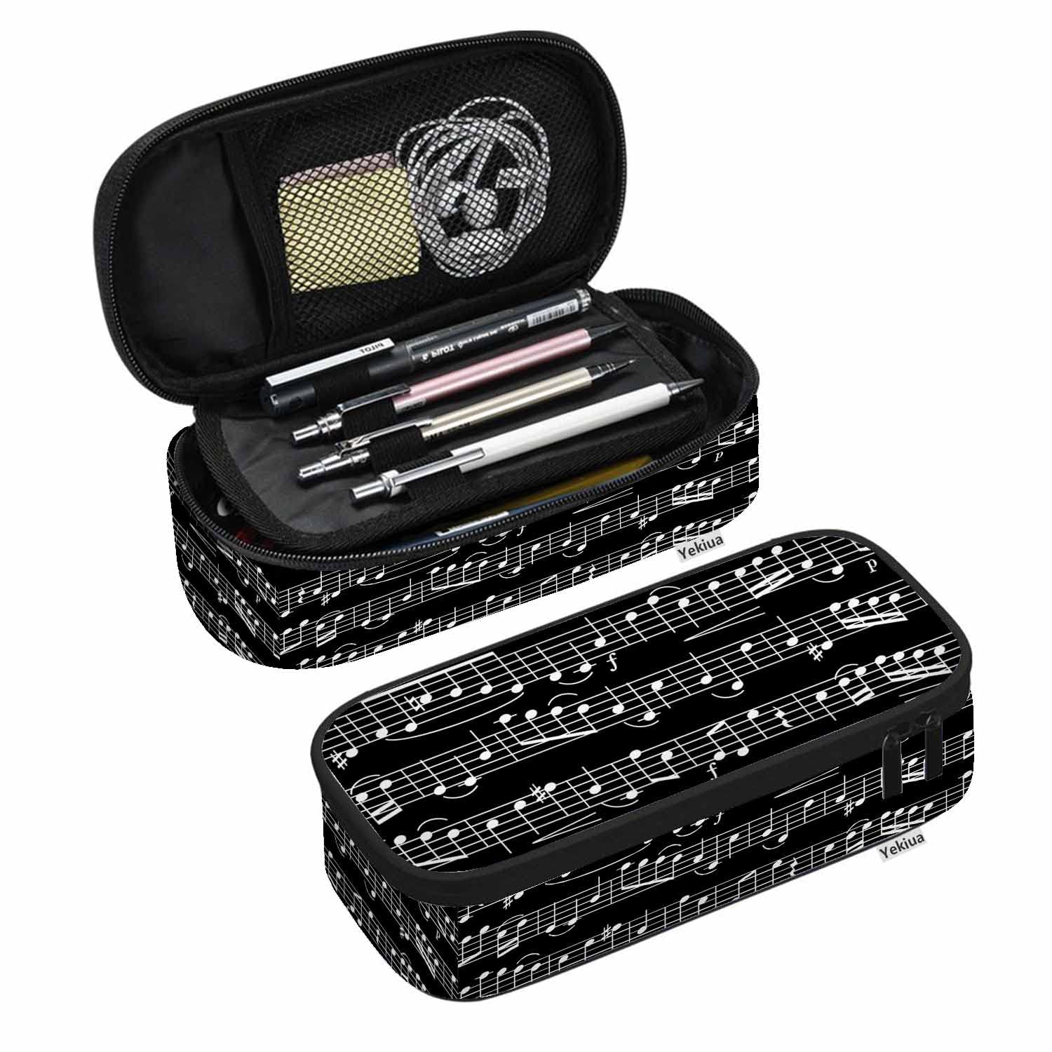Yekiua Music Notes Pencil Case - Large Capacity Musical Sheet Pouch for School, Office & Travel - Perfect for Students, Teens & Adults (White/Black) - Organize Pens, Makeup & Accessories in Style