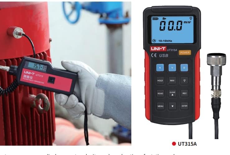 UNI-T UT315A Digital Vibration Tester - Measures Acceleration (0.1-200 m/s²), Speed (0.1-20 mm/s) & Displacement (1-2 mm) - Industrial Equipment Maintenance, Machine Condition Monitoring Tool