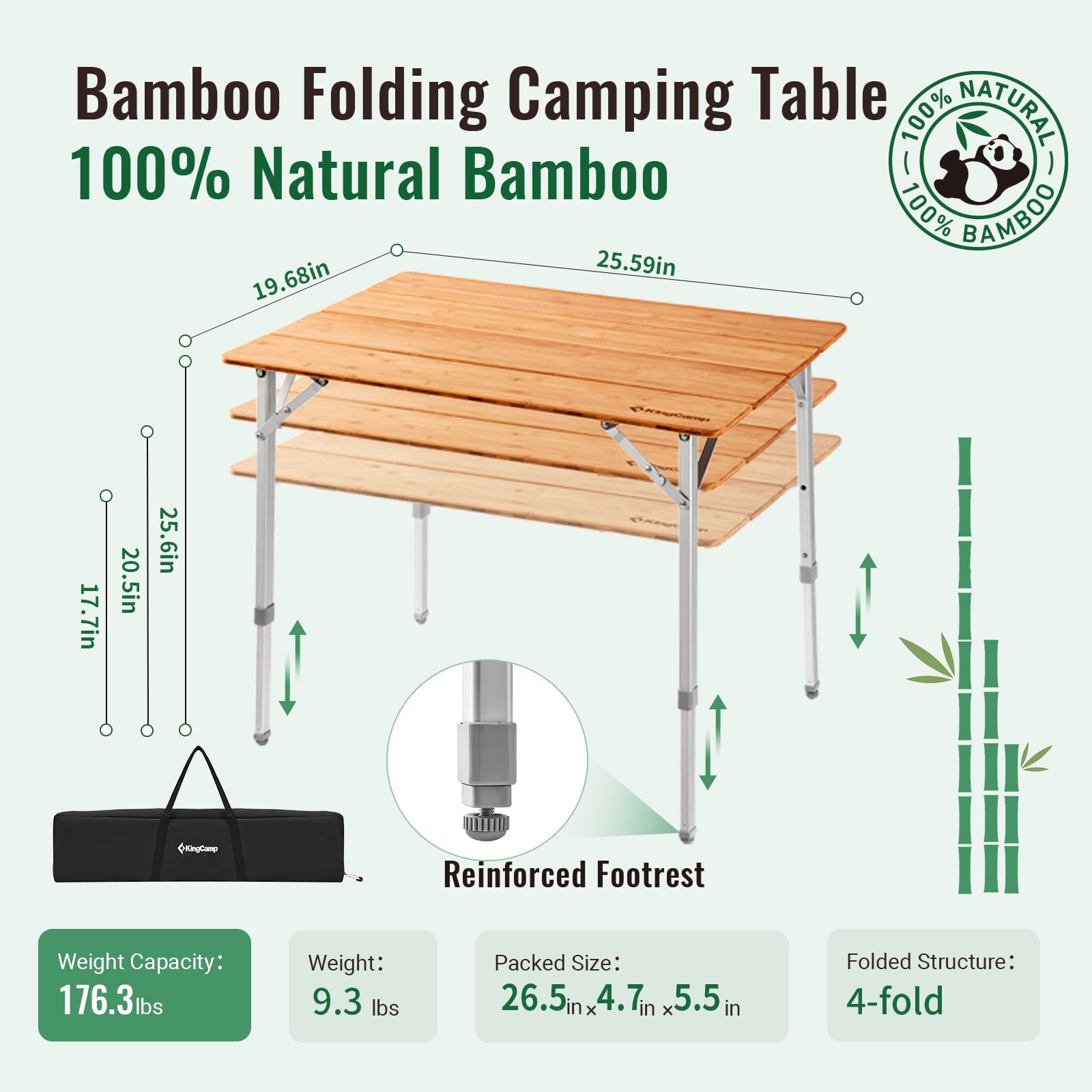 KingCamp 4-Fold Lightweight Bamboo Camping Table with Adjustable Aluminum Legs - Portable Folding Picnic Table for Outdoor, Beach, RV, Camping & Indoor Use - Includes Carry Bag for Easy Transport