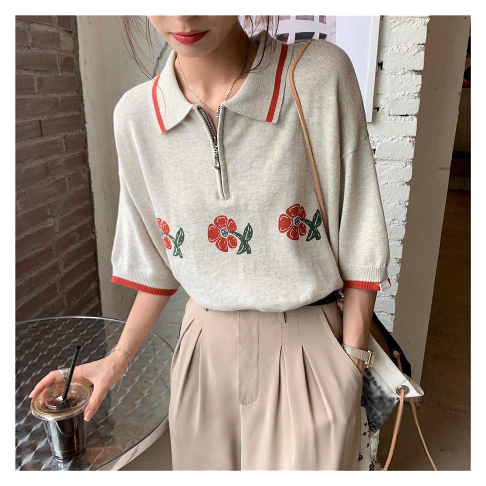 Korean Style Retro Striped Polo Collar Short-Sleeve T-Shirt for Women - Spring Summer Fashion Casual Top (One Size) | Perfect for Office Wear, Dating Outfits & Weekend Street Style