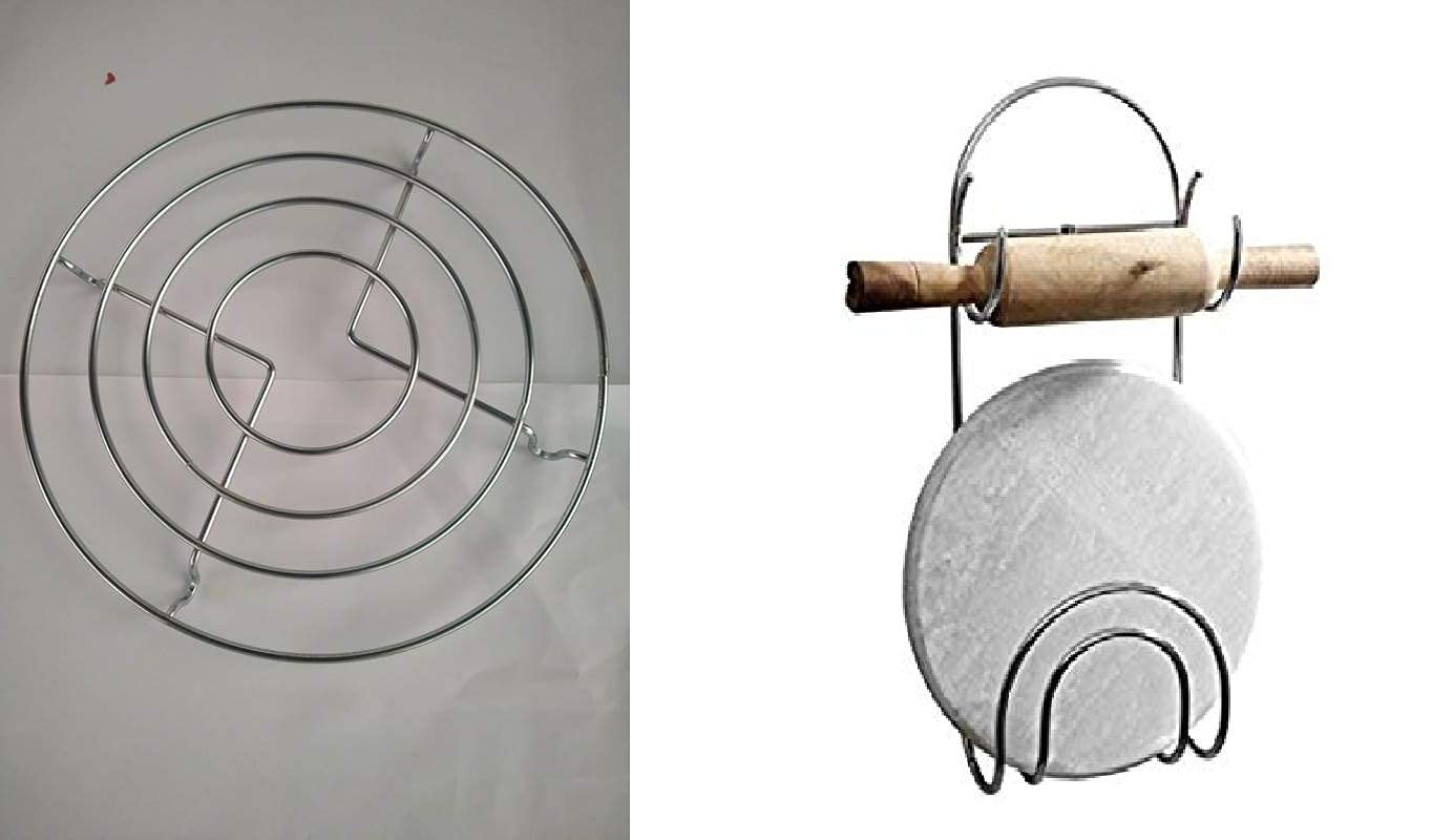 Premium Indian Cooking Set - Stainless Steel Pot Stand with Chakla Belan, Rolling Board & Pin Holder | Traditional Kitchen Tools & Trivet Stand for Roti Making | Perfect for Home Chefs & Indian Cuisine Lovers