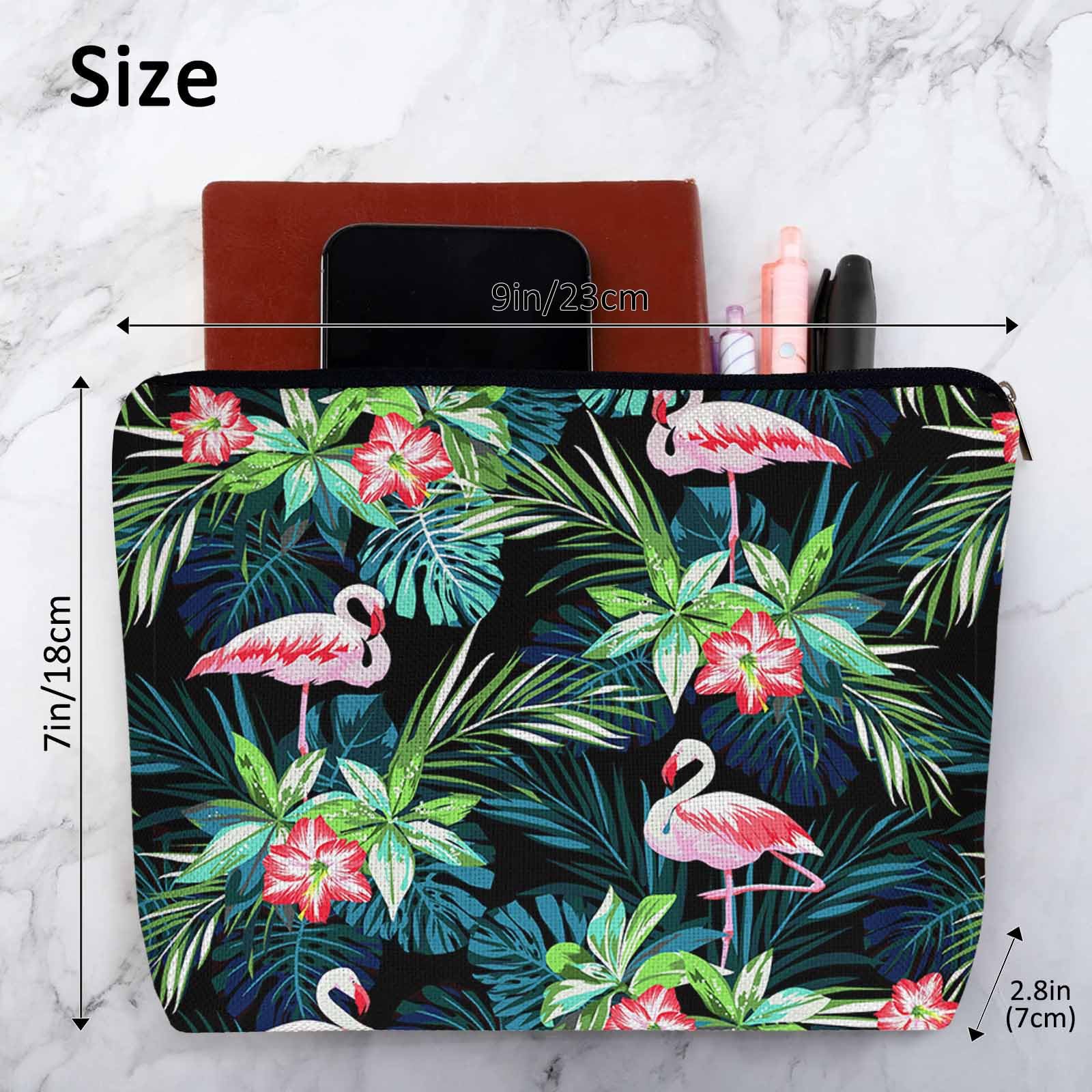 Flamingo Pink Makeup Bag for Women - Tropical Palm Leaves & Hibiscus Cosmetic Travel Organizer with Zipper, Waterproof Toiletry Pouch - Perfect for Travel, Beach Vacation & Daily Cosmetics Storage