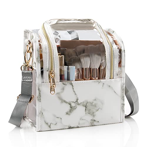 OCHEAL Upgraded Makeup Brush Holder - Travel Cosmetic Brush Organizer with Shoulder Strap & Detachable Dividers, Marble Design | Perfect for Professional Makeup Artists & On-the-Go Beauty Storage