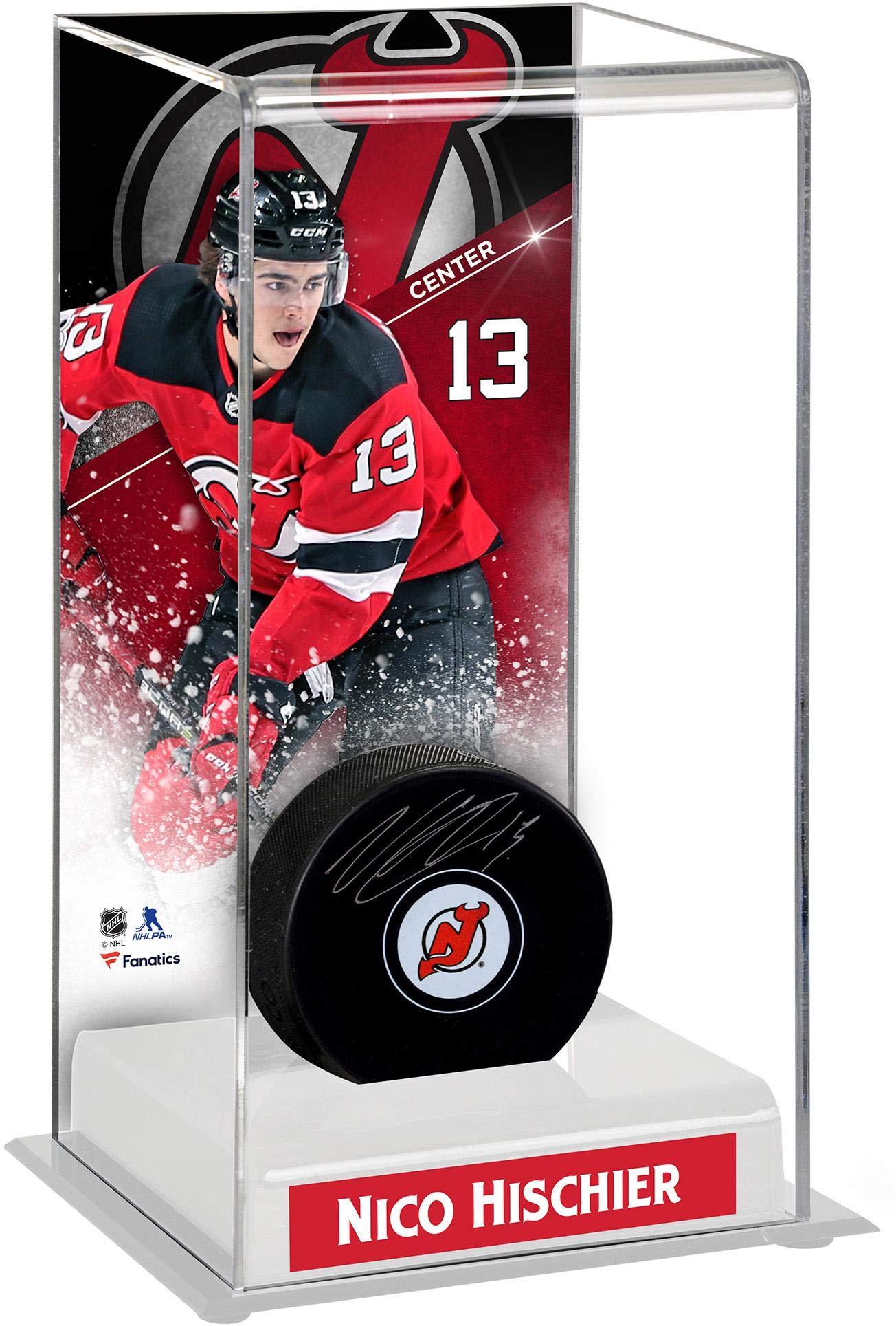 Nico Hischier New Jersey Devils Deluxe Tall Hockey Puck Display Case - Premium Free Standing Puck Holder for Collectors - Perfect for Home, Office, or Sports Memorabilia Collection