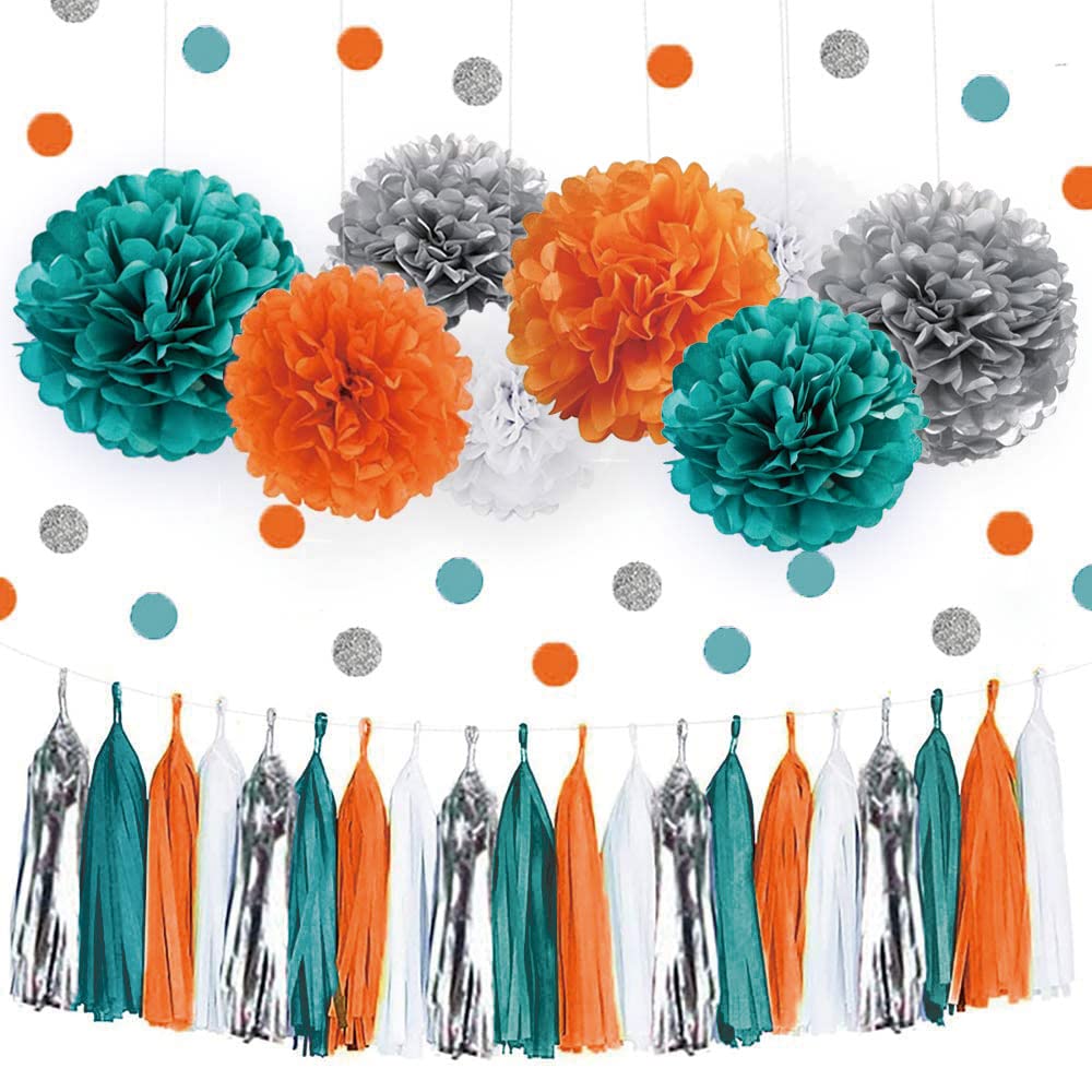 IGUO Teal & Orange Wedding Decorations - Silver Autumn Baby Shower Supplies, Carnival & Graduation Party Decor - Tissue Pom Poms & Paper Tassels for Beautiful Nigerian Party Ideas | Perfect for Weddings, Baby Showers, Graduations & Cultural Celebrations