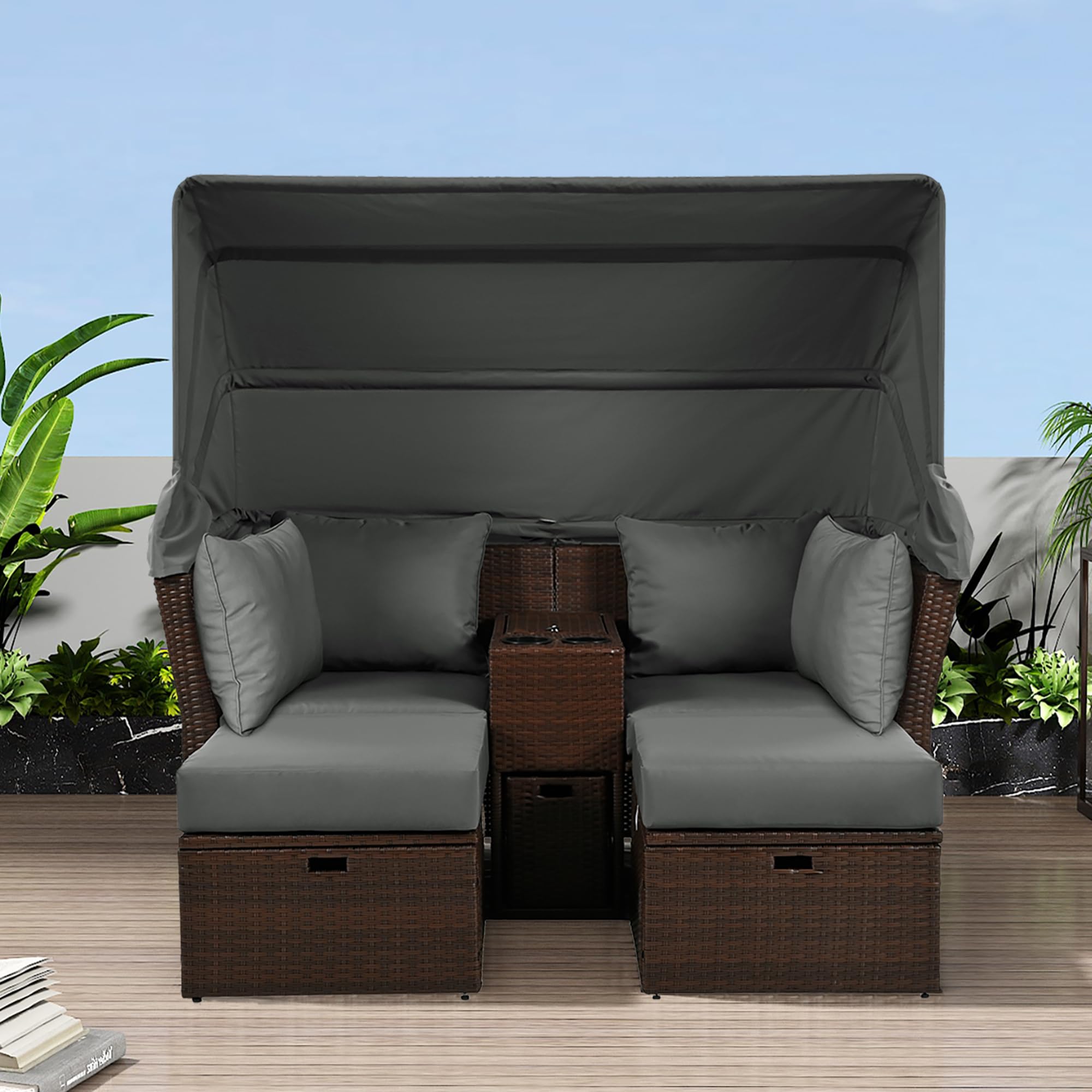P PURLOVE Outdoor Loveseat Chaise Lounge with Canopy - 2-Seater Patio Double Daybed with Foldable Awning & Cushions - Water-Resistant Grey Outdoor Sofa Set for Garden, Backyard, Poolside & Patio Relaxation