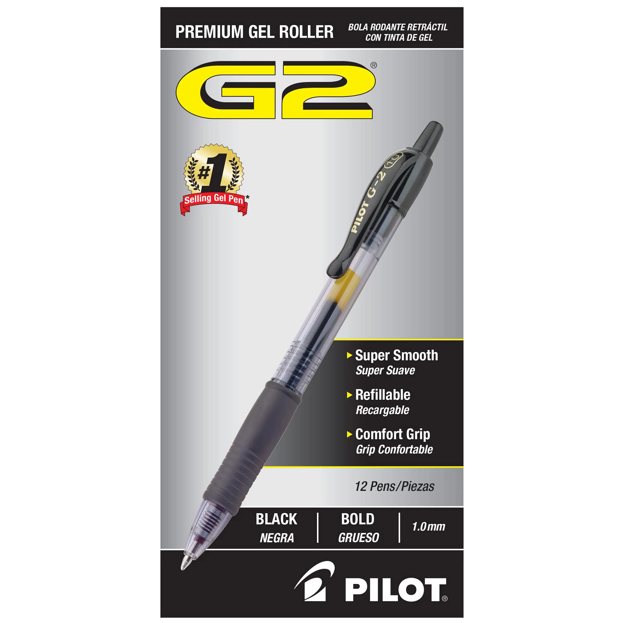 Premium G2 Gel Roller Pens - 12 Pack Black 1mm Bold Point - Smooth Writing for Office, School & Note Taking - Pilot G2 Refillable Gel Pens