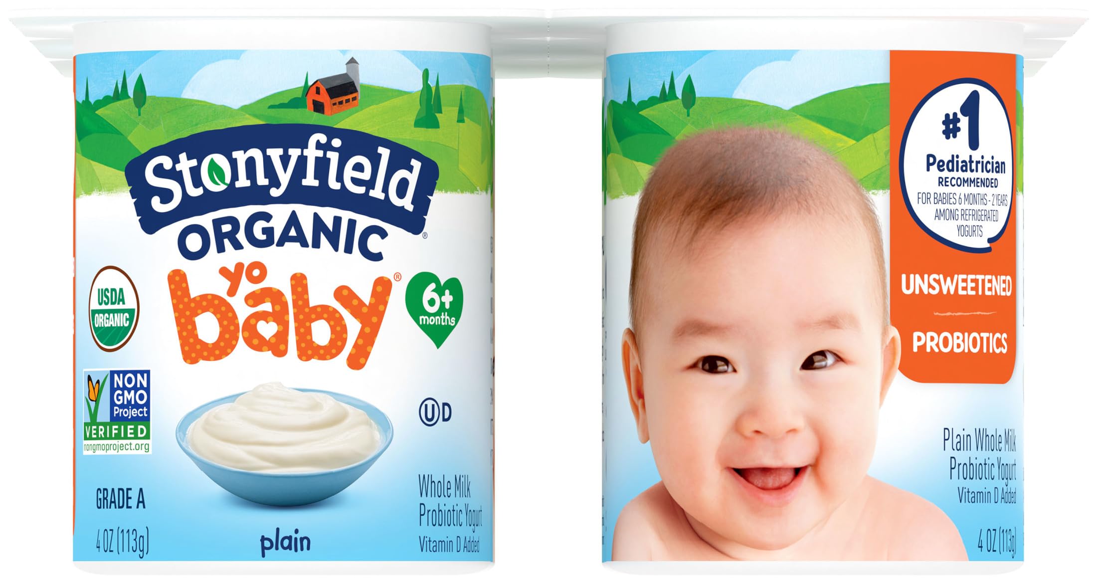 Organic YoBaby Whole Milk Yogurt with Probiotics for Babies - Plain Flavor, 4 Oz Cups (6 Pack) | Healthy Snack for Toddlers & Infants | On-the-Go Baby Food for Daycare & Travel