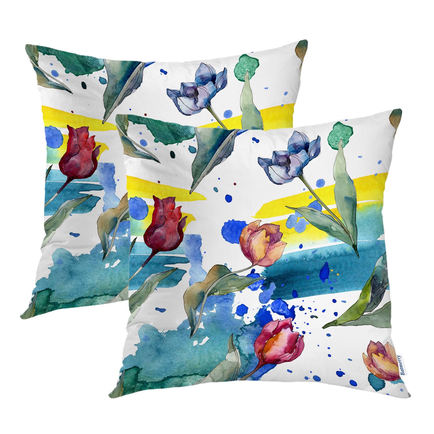 Batmerry 18x18 Inch Palm Beach Tree Rose Pillow Covers Set of 2 - Tropical Floral Botanical Watercolor Throw Pillows for Sofa, Bed & Home Decor | Double Sided Square Cushion Covers with Tulip Design