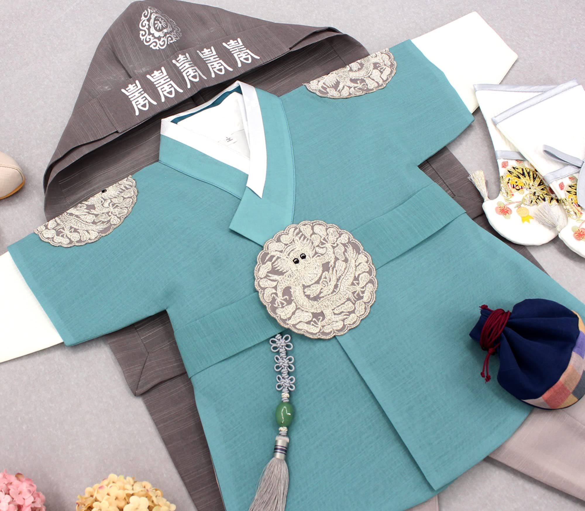 Traditional Korean Hanbok Baby Boy Outfit - Turquoise Kings Design Clothing Set for 100 Days to 8 Years Old | DDB005 | Perfect for First Birthday, Doljanchi, Korean Cultural Events & Photo Shoots