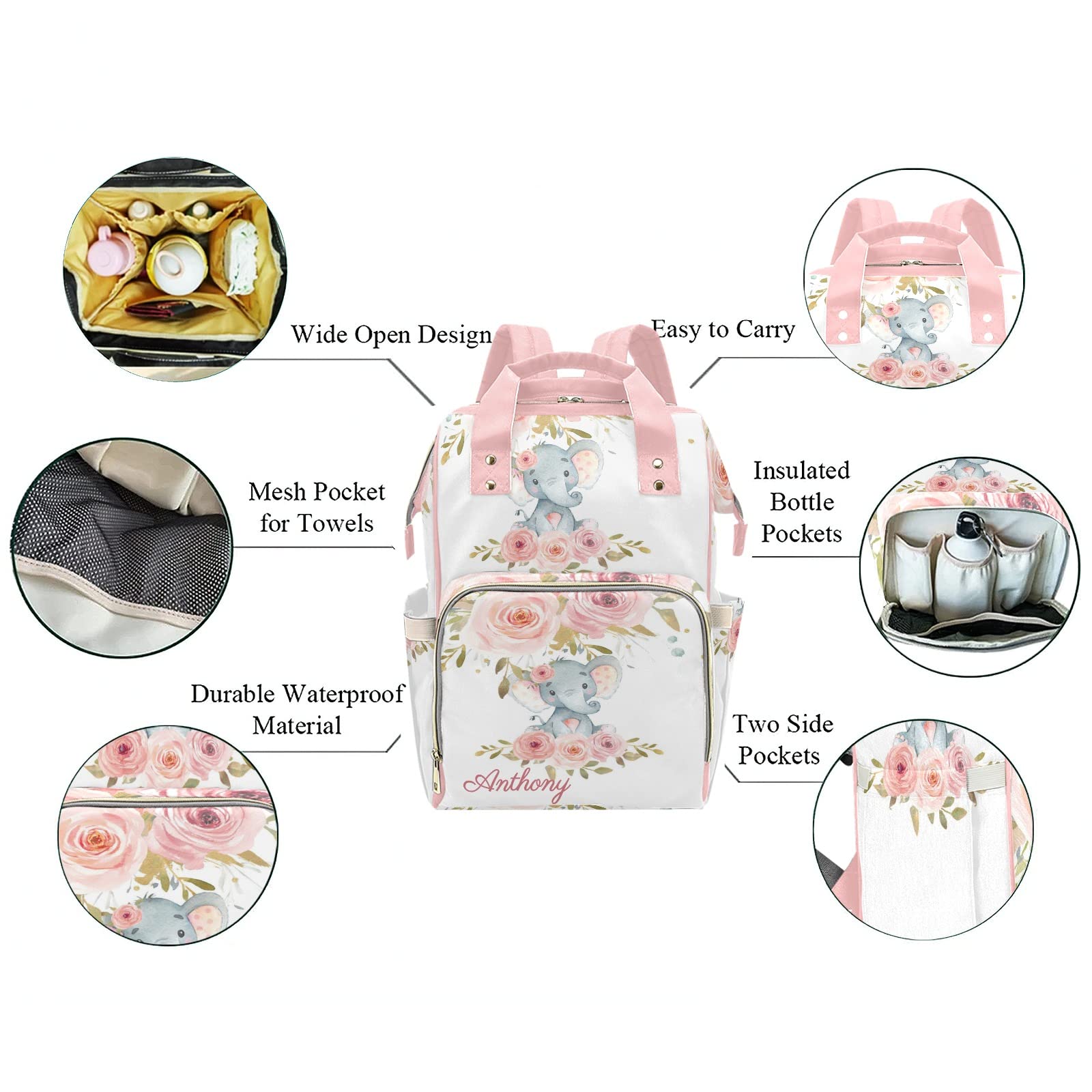 Custom Personalized Diaper Backpack for Girls - Pink Floral Design with Name Embroidery, Large Baby Bag for Nursing Moms, Travel & Daycare Essentials Organizer, Perfect Gift for New Moms