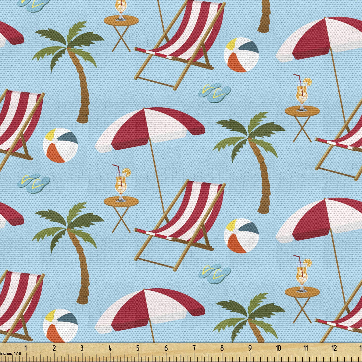 Ambesonne Summer Fabric by The Yard - Exotic Beach Design with Palm Trees, Chairs & Cocktails - Decorative Upholstery Fabric for Sofa, Curtains & Home Decor - 1 Yard, Pale Blue Multicolor - Perfect for Beach-Themed Living Rooms, Outdoor Cushions & DIY Craft Projects