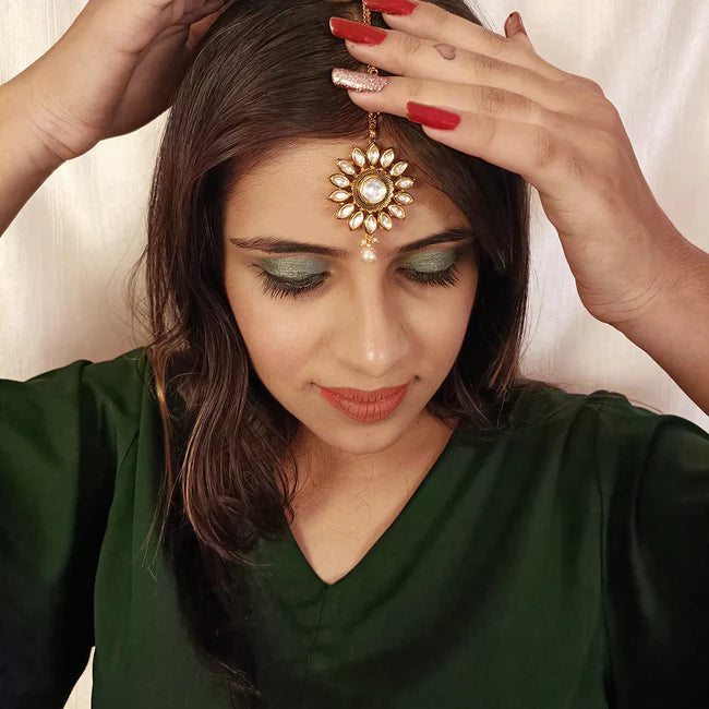 Royal Kundan Maang Tikka Gold Plated Hair Jewelry - Indian Bridal Headpiece for Weddings & Festivals (Design D38)