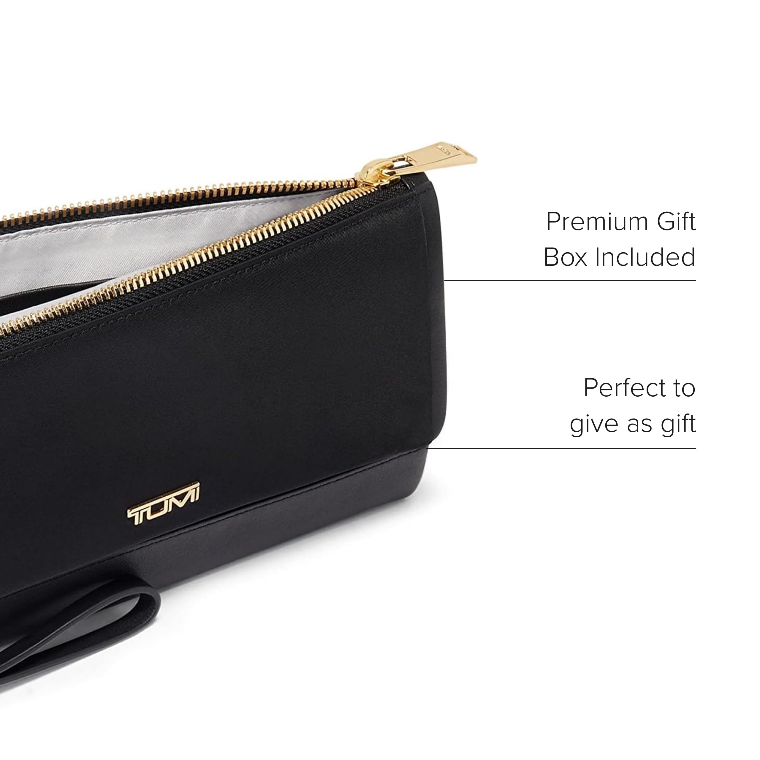 TUMI Voyageur Travel Wallet for Women - RFID Blocking Wristlet Wallet with Passport Holder, Multiple Card Slots & Zipper Compartment - Perfect for Air Travel, Business Trips & Daily Use - Black/Gold (Includes Gift Box)