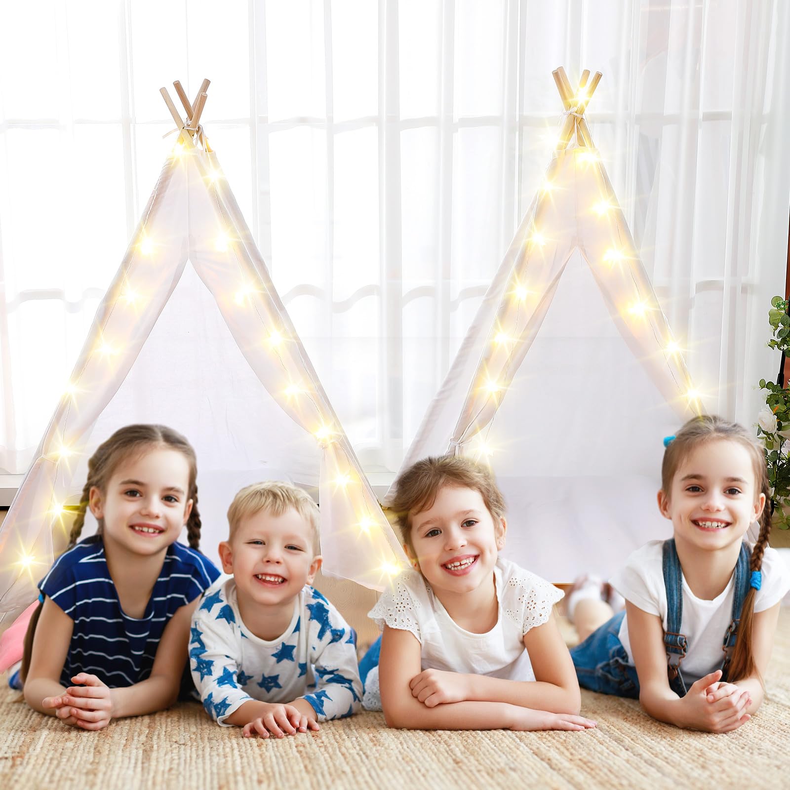 2 Pack Kids Teepee Tent with Mattress & Accessories - Washable Natural Cotton Play Tent for Boys & Girls - Indoor Outdoor Playhouse for Sleepovers, Birthday Parties & Backyard Adventures (White)