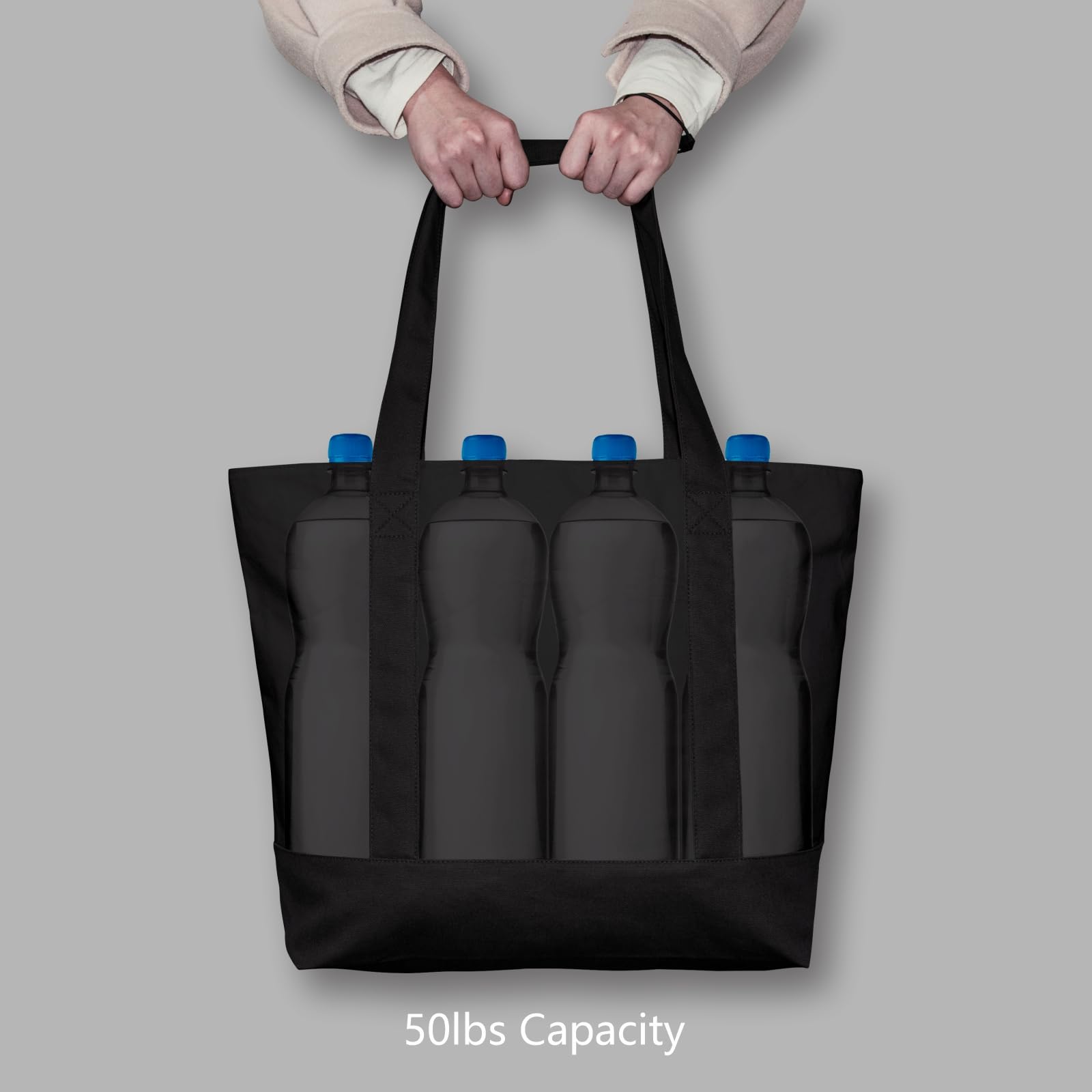 TOPDesign 3-Pack Canvas Tote Bags with External Pocket - Reusable Grocery Shopping Bags with Top Zipper Closure for Daily Essentials (Black) | Perfect for Grocery Shopping, Beach Trips & Work Commute