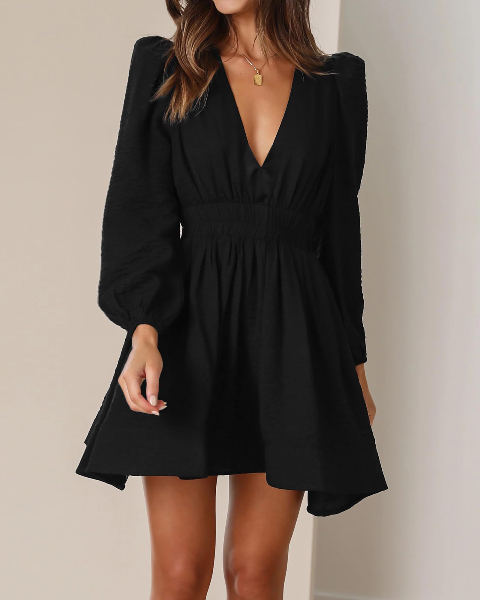 Sexy Deep V Neck Mini Dress for Women - Long Sleeve A-line High Waisted Flowy Casual Dress | Perfect for Date Night, Party & Evening Outfits