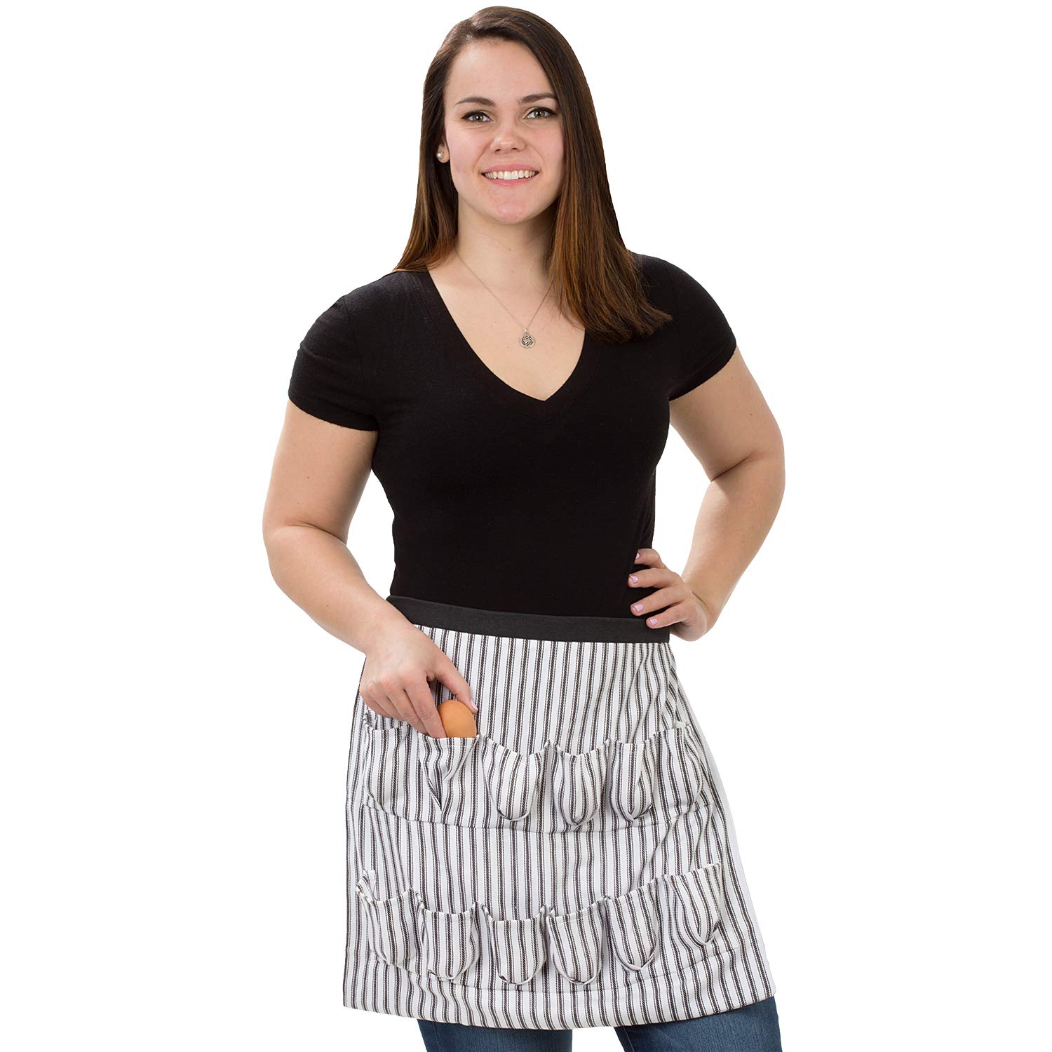 Cackleberry Home Egg Collecting Apron with 12 Pockets - Black & White Ticking Stripe - Farm Fresh Egg Gathering Accessory for Chicken Coop & Garden Use