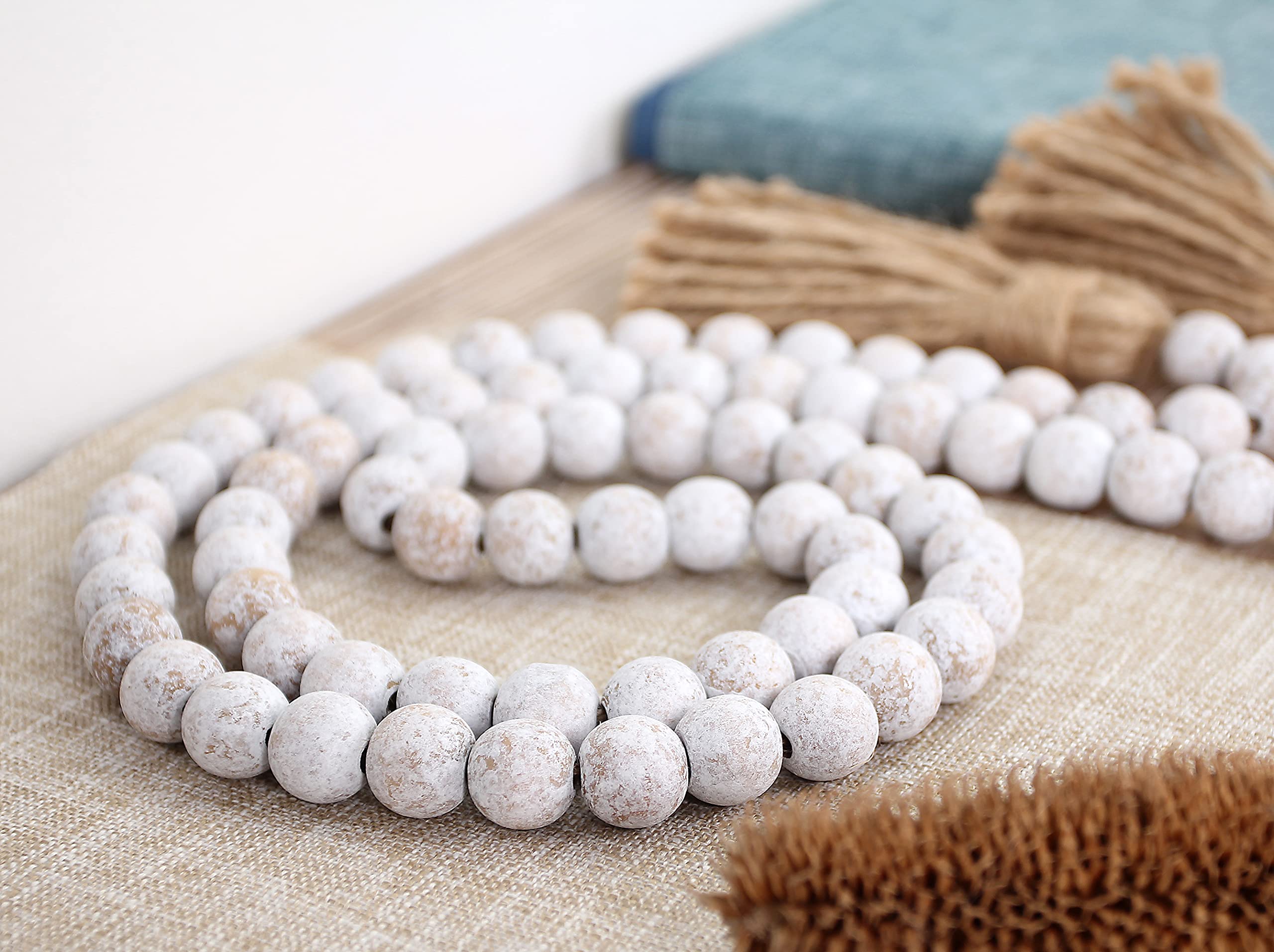 58in Whitewashed Wood Bead Garland with Tassels - Farmhouse Rustic Boho Wall Hanging Decor for Prayer Room, Bedroom, Wedding & Nursery Decoration