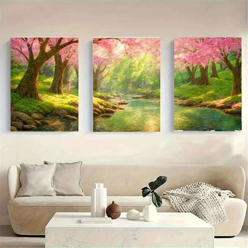 3-Piece Cherry Blossom Forest Metal Wall Art - Ready to Hang Nature Decor for Living Room, Bedroom & Office - Serene Landscape Painting for Home & Office Decor