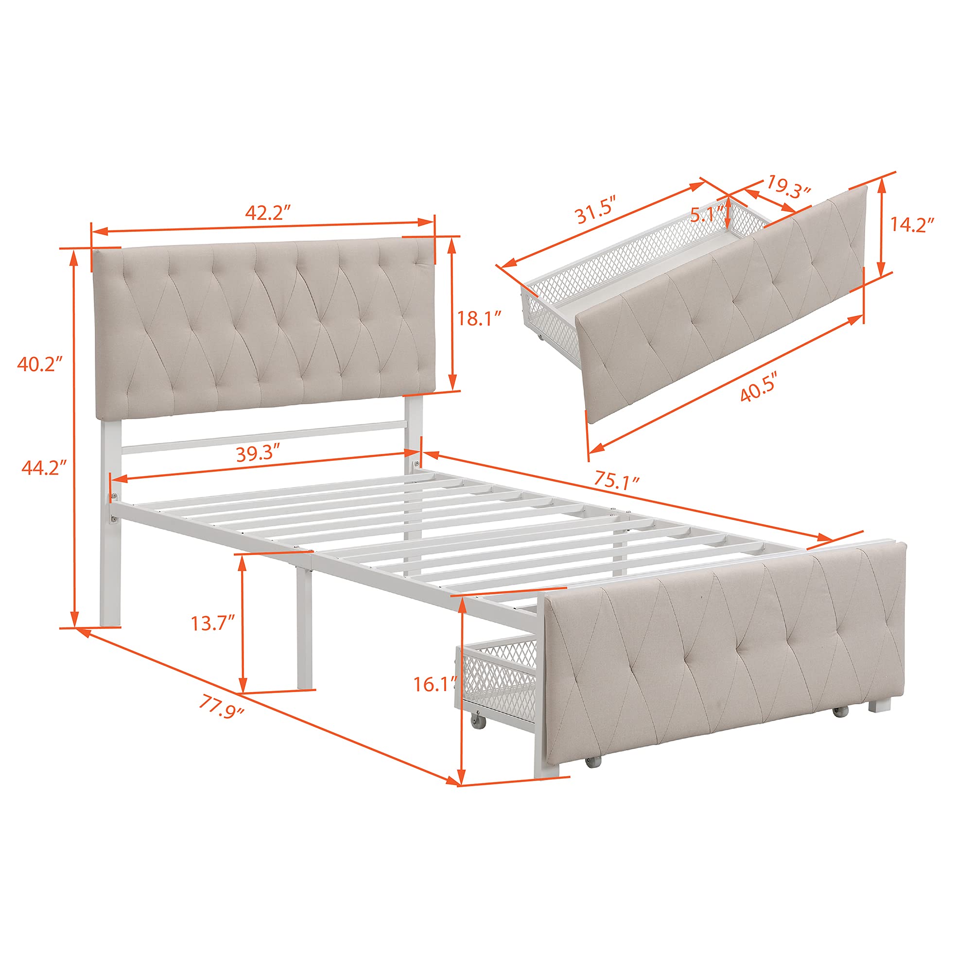 Knocbel Twin Size Metal Platform Bed Frame with Linen Upholstered Headboard & Storage Drawers - 13 Heavy Duty Slat Support, No Box Spring Needed - Space-Saving Bedroom Solution for Small Apartments, Dorms & Guest Rooms