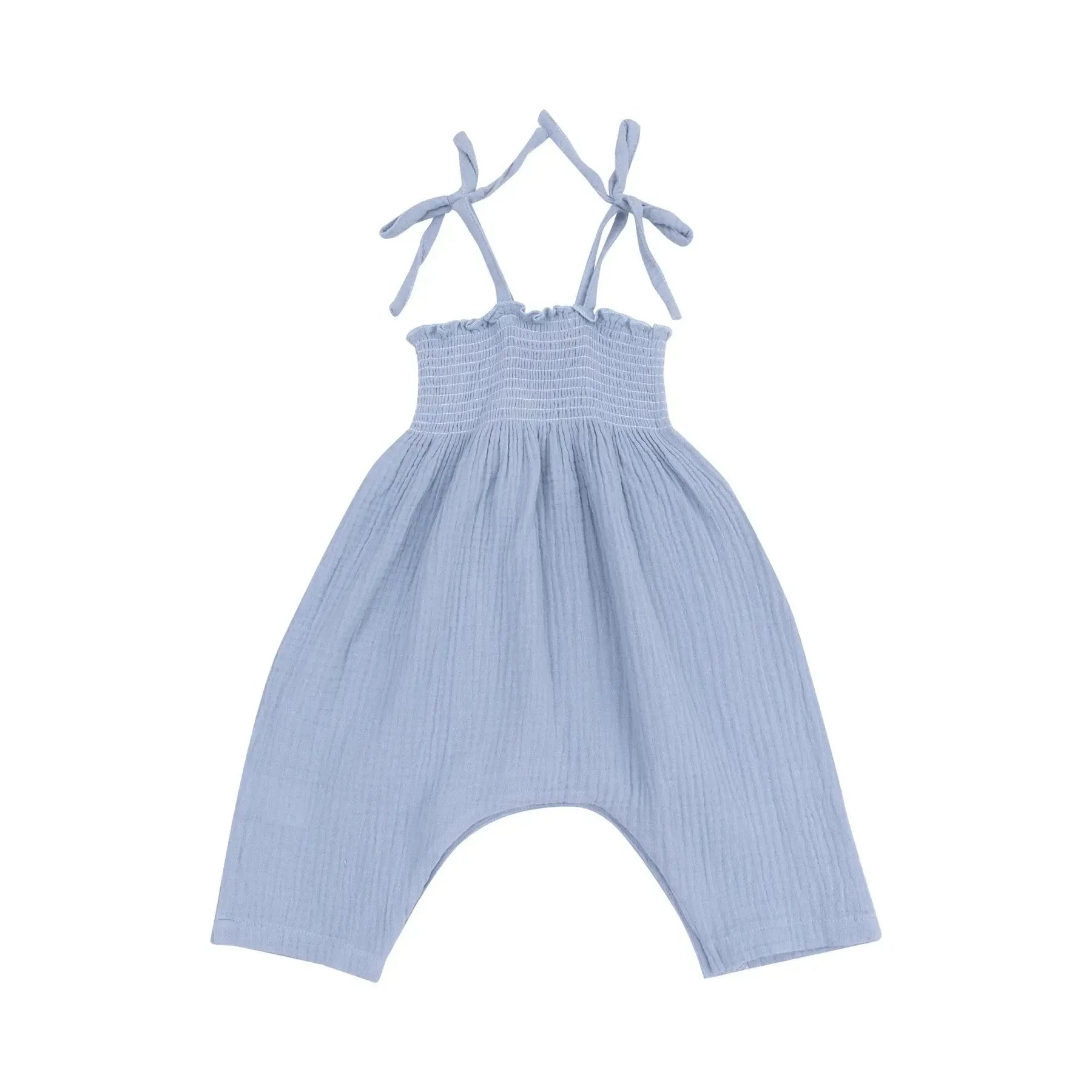Angel Dear Organic Smocked Tie Shoulder Romper for Baby Girls - Soft Cotton Jumpsuit in Dusty Blue | Perfect for Newborn Photoshoots, Playdates & Special Occasions