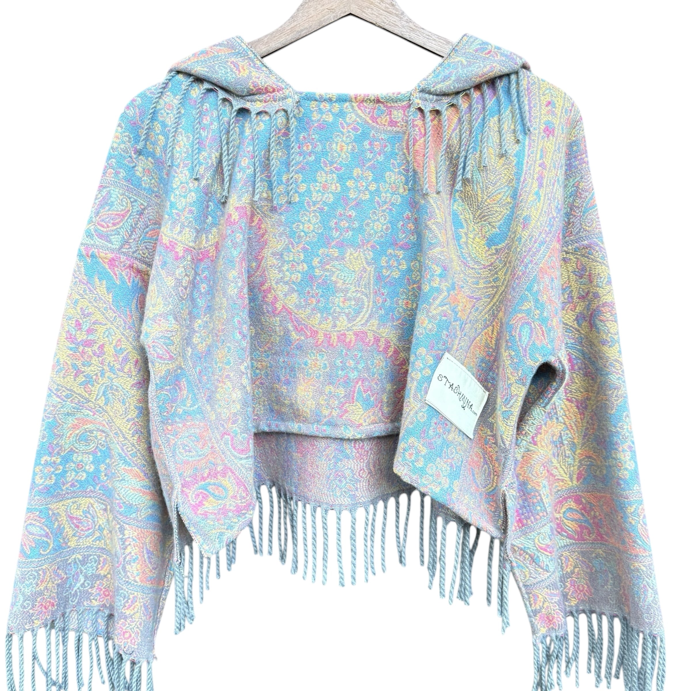 Vintage Blue Plush Pashmina Long Sleeve Crop Top - Soft & Cozy Women's Fashion for Fall/Winter, Perfect for Casual Outings & Date Nights