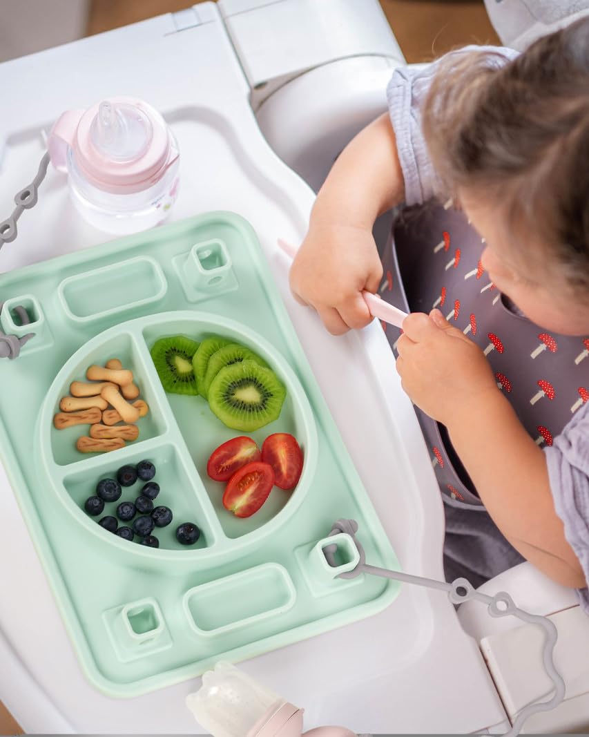 Premium Platinum Food-Grade Silicone Baby Plates with Strong Suction - 4 Toy Straps for Securing Essentials | Toddler Self-Feeding & Baby-Led Weaning | Dishwasher Safe Placemat for Highchair, Dining Table & Travel (Green)