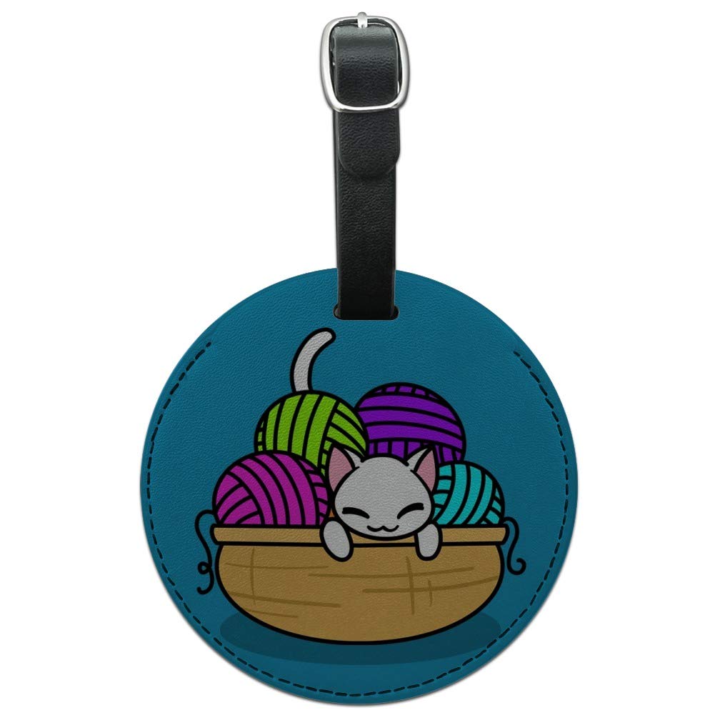 Round Leather Luggage Tag with Cat in Yarn Basket Design - Personalized Suitcase ID Tag for Carry-On Bags | Perfect for Travel Identification & Pet Lover Gifts