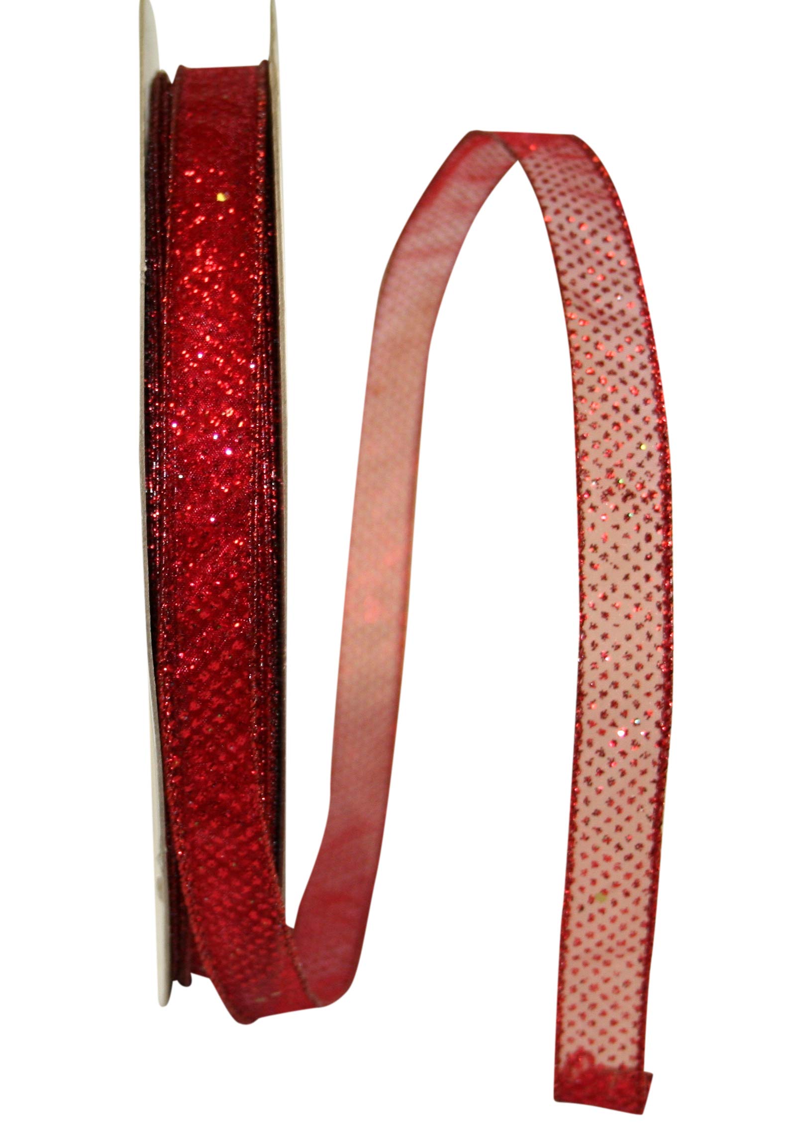 Reliant Ribbon Sheer Glitter Dot Wired Edge Ribbon - 5/8 Inch x 50 Yards, Red - Perfect for Gift Wrapping, DIY Crafts, Wedding Decorations and Party Supplies