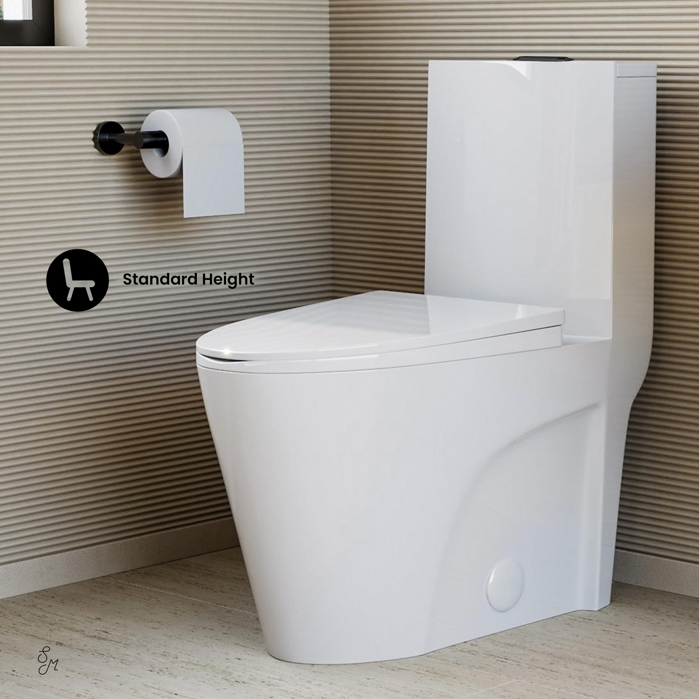 Swiss Madison St. Tropez SM-1T254HB Elongated One-Piece Toilet with Vortex Dual-Flush 1.1/1.6 GPF, Comfort Height Chair Seat, ADA Compliant, Glossy White Finish & Black Hardware - Perfect for Modern Bathrooms & Water-Efficient Homes
