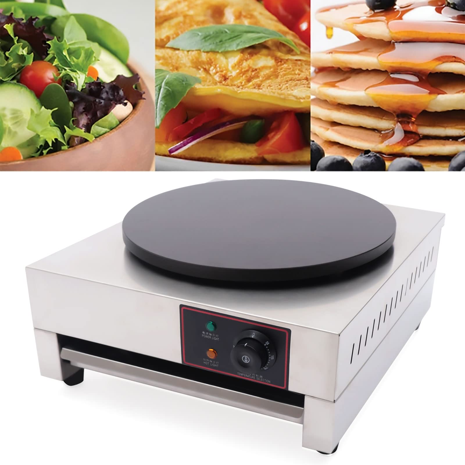 16 Inch Commercial Electric Crepe Maker - 1700W Nonstick Round Hotplate Griddle Machine with Adjustable Temperature for Pancakes, Blintzes, Eggs & Tortillas - Perfect for Restaurants, Cafes & Home Breakfast Cooking
